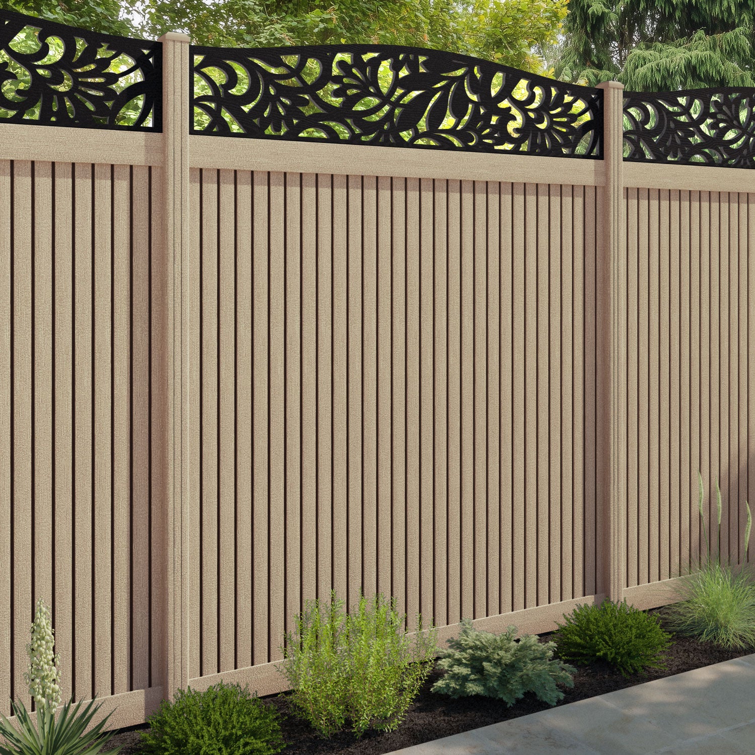 Virtis Heritage Curved Top Fence Panel - Light Oak - with our composite posts