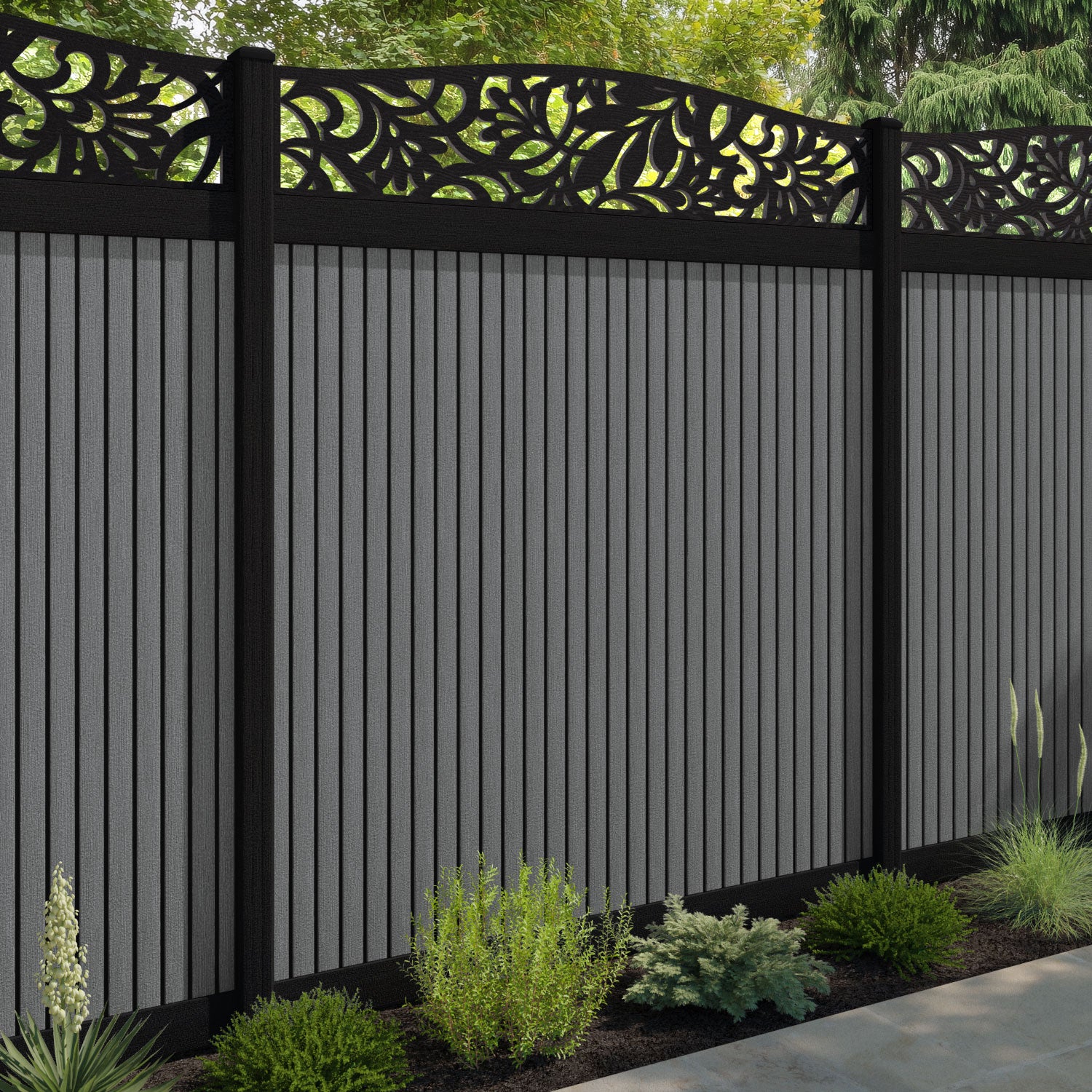 Virtis Heritage Curved Top Fence Panel - Mid Grey - with our composite posts