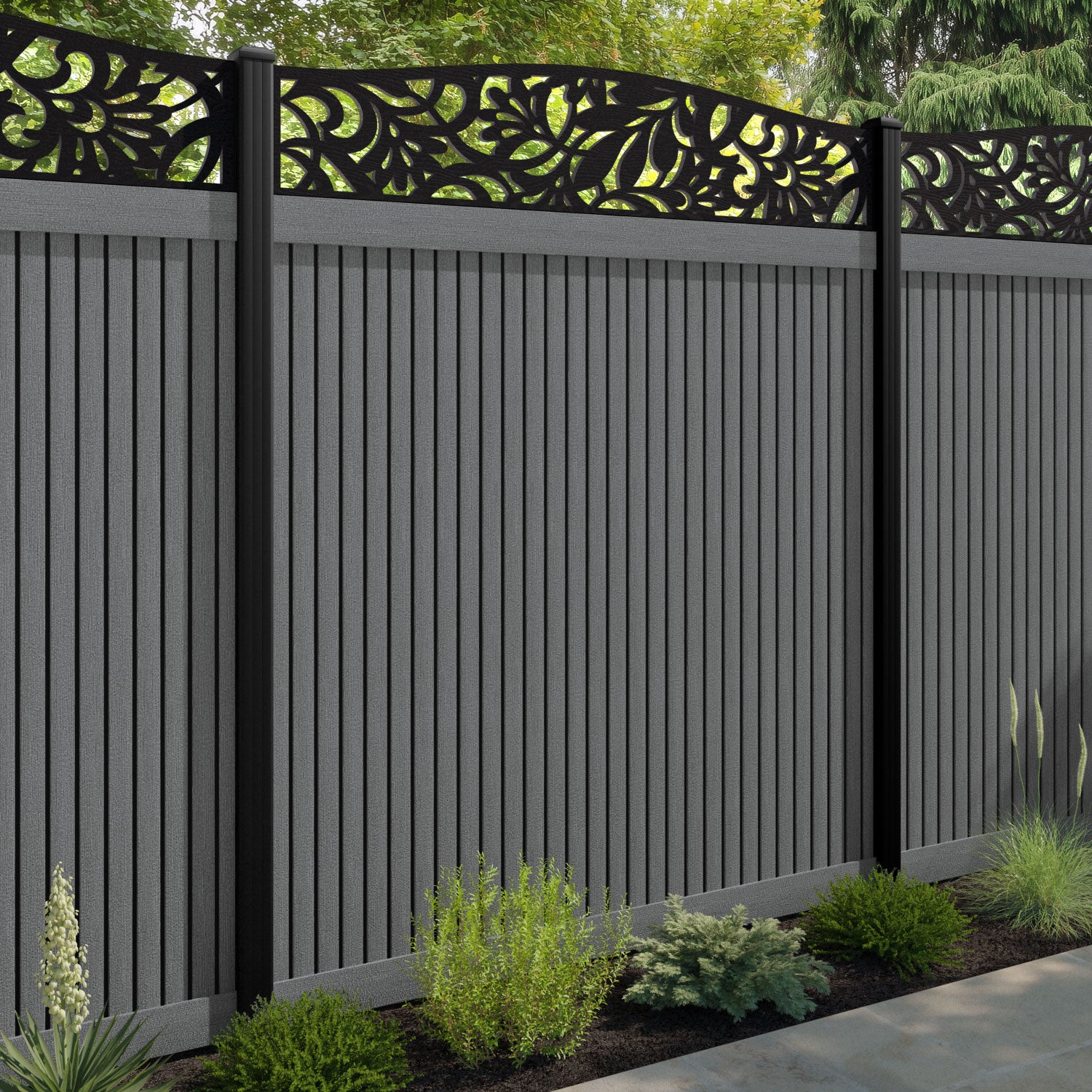 Virtis Heritage Curved Top Fence Panel - Mid Grey - with our composite posts