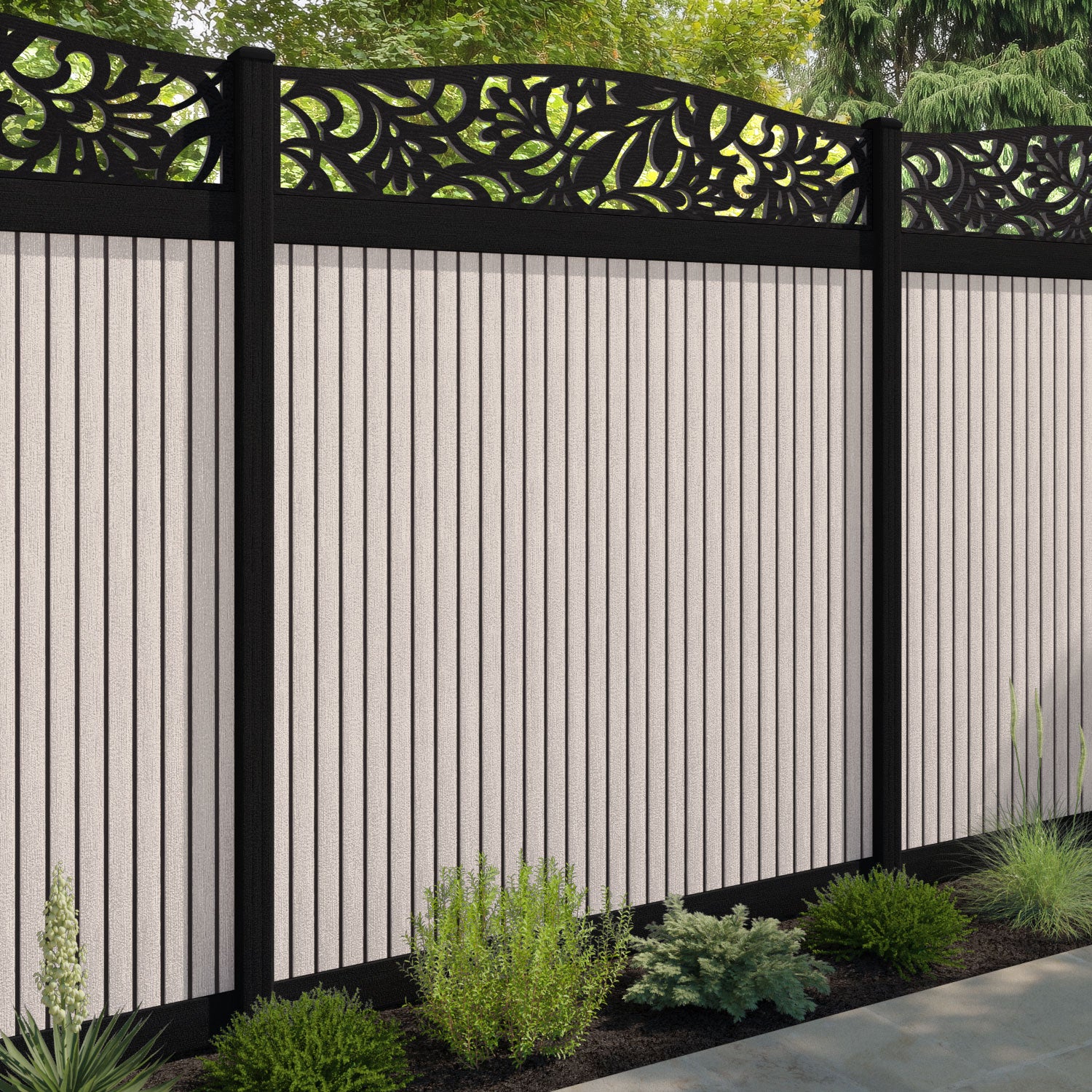 Virtis Heritage Curved Top Fence Panel - Mid Stone - with our aluminium posts
