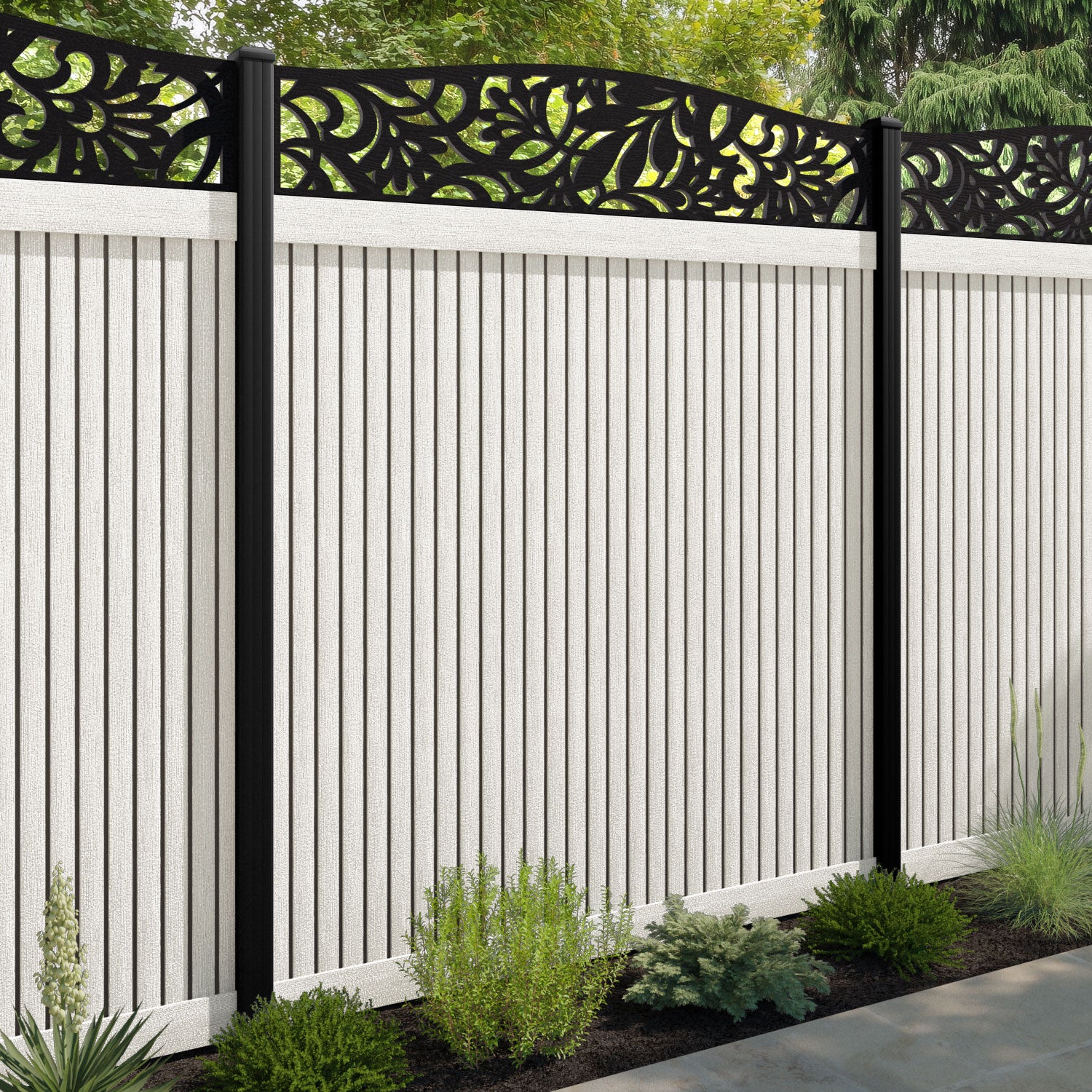 Virtis Heritage Curved Top Fence Panel - Light Stone - with our aluminium posts