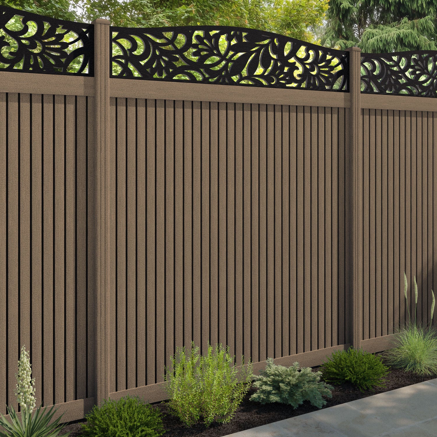 Virtis Heritage Curved Top Fence Panel - Teak - with our composite posts