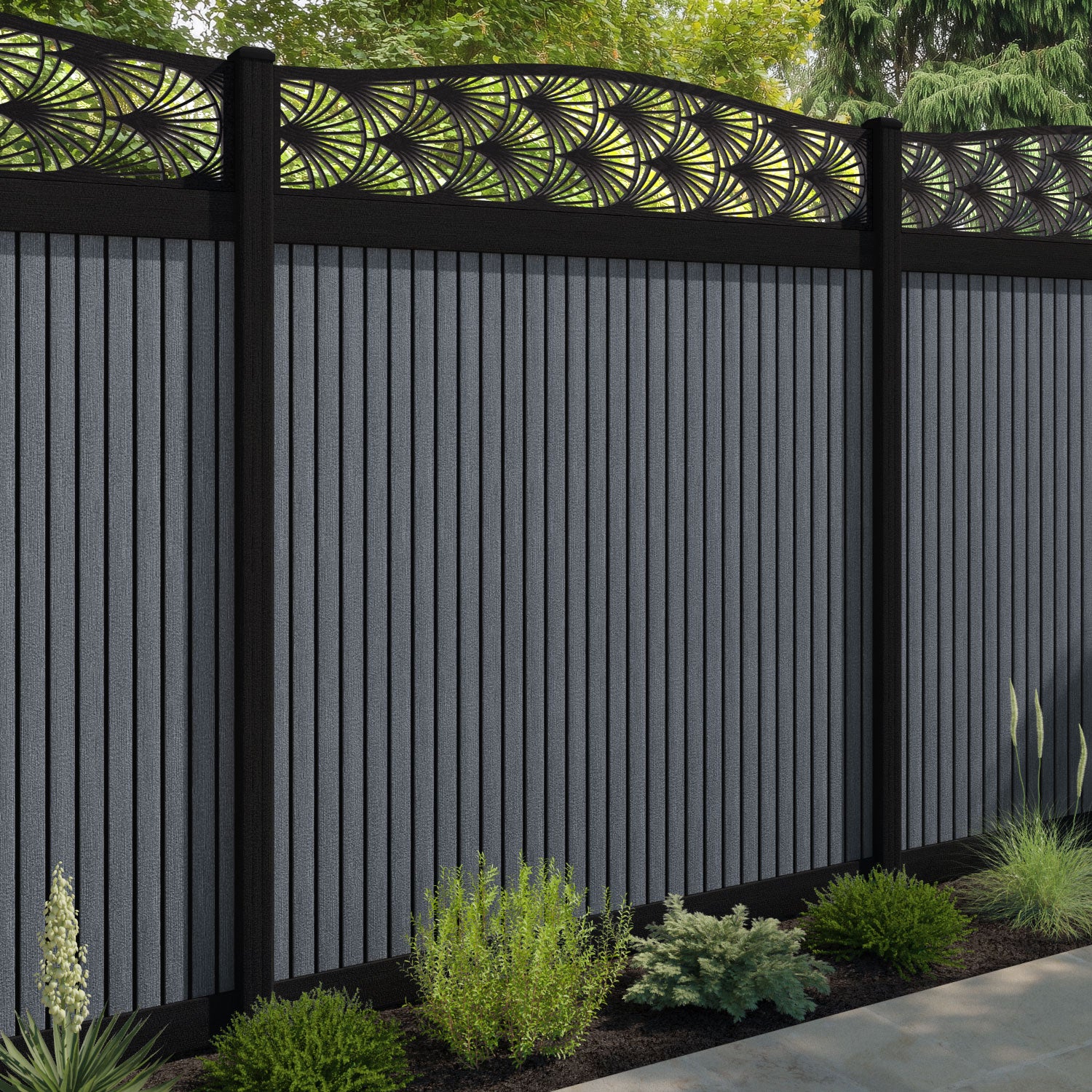 Virtis Laurel Curved Top Fence Panel - Anthracite - with our composite posts