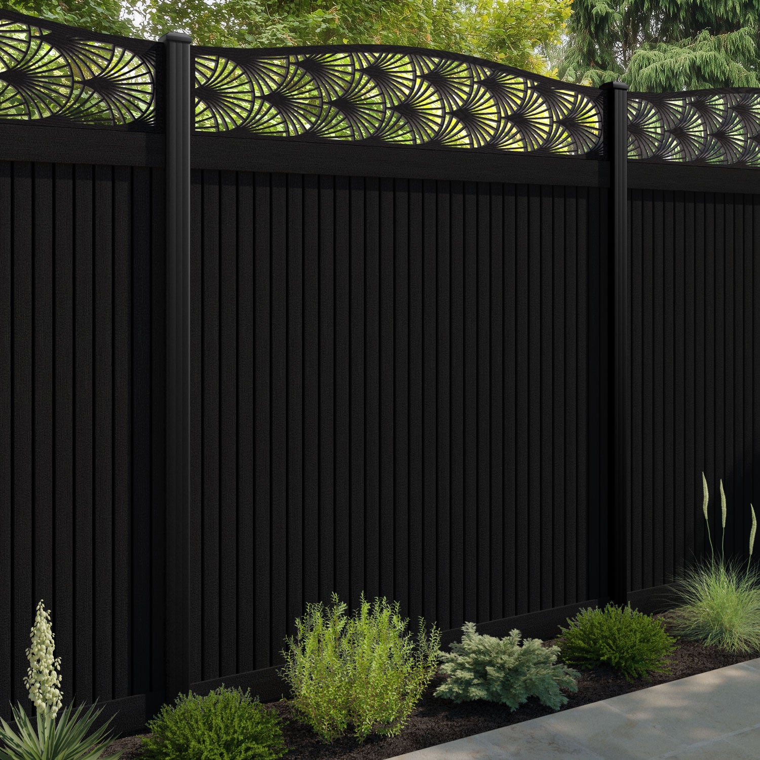 Virtis Laurel Curved Top Fence Panel - Black - with our aluminium posts