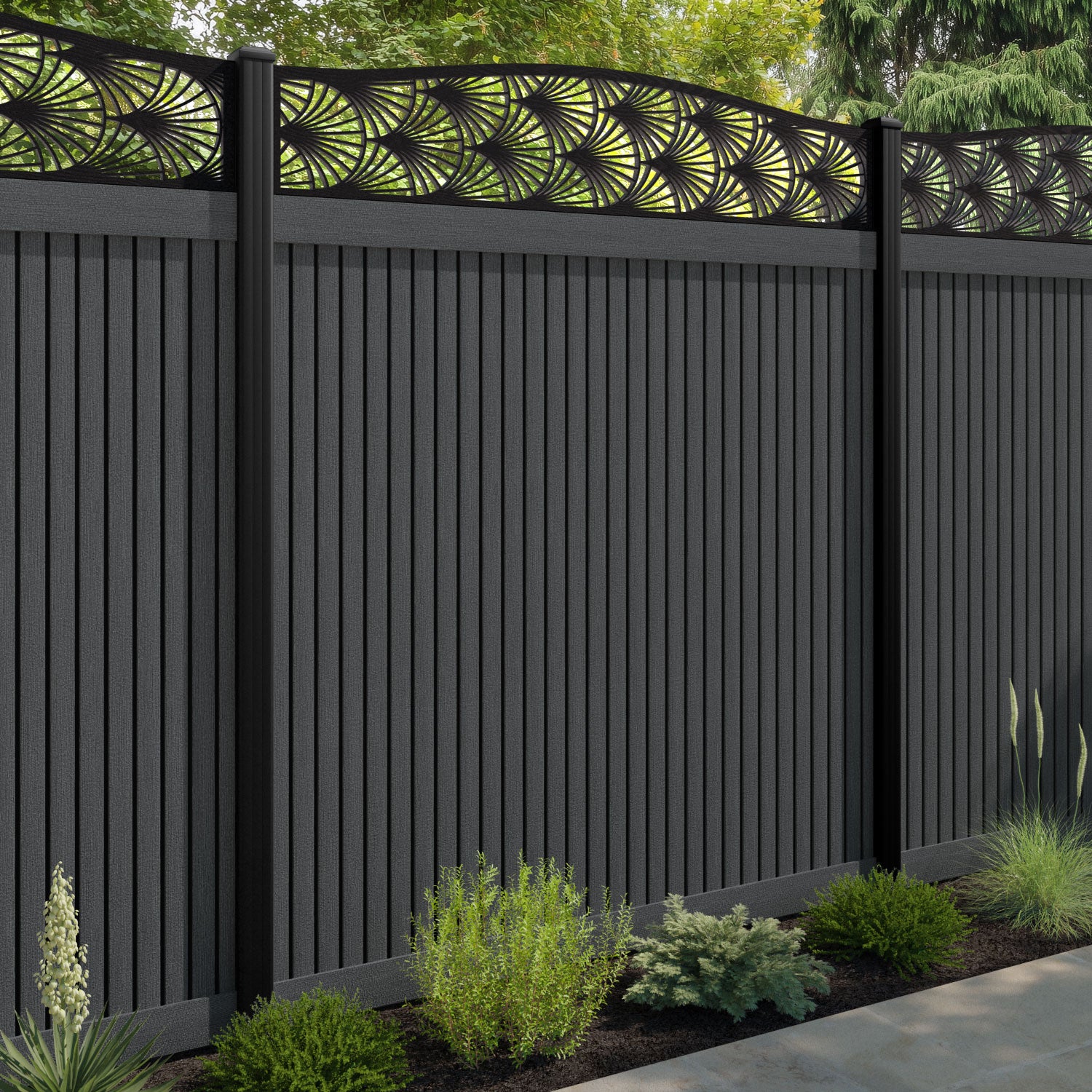 Virtis Laurel Curved Top Fence Panel - Dark Grey - with our aluminium posts