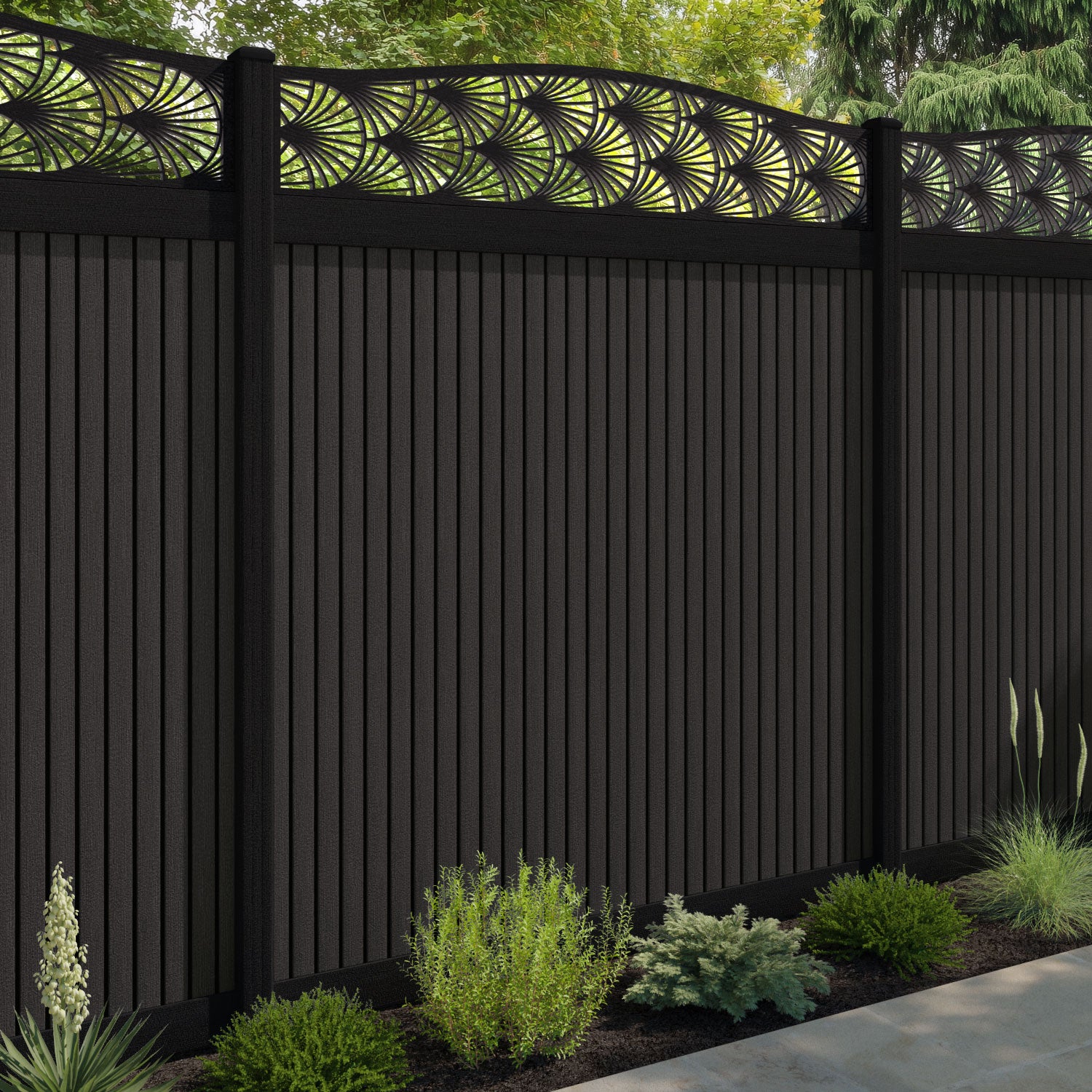 Virtis Laurel Curved Top Fence Panel - Dark Oak - with our composite posts