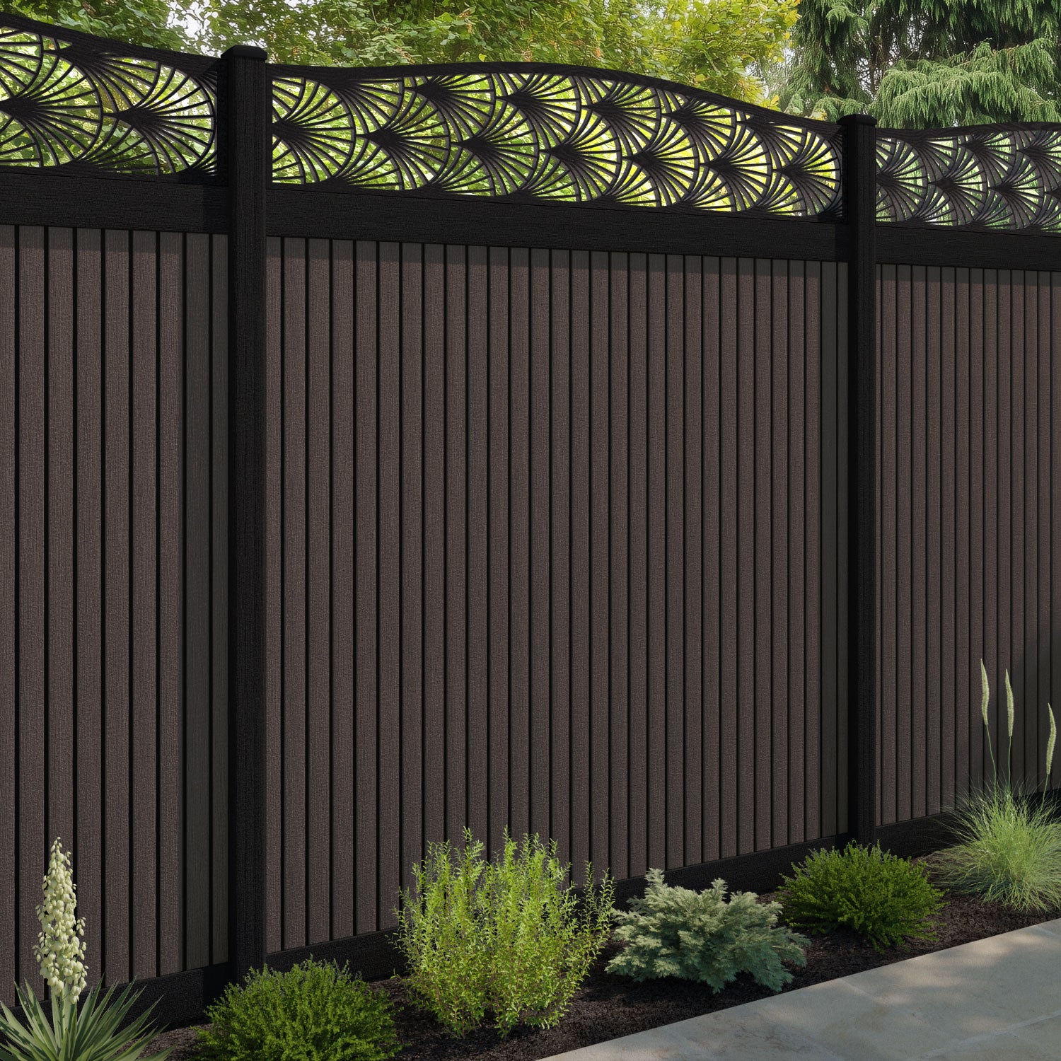 Virtis Laurel Curved Top Fence Panel - Mid Brown - with our composite posts