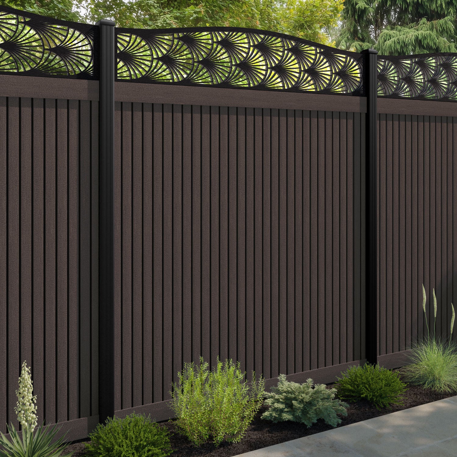 Virtis Laurel Curved Top Fence Panel - Mid Brown - with our composite posts