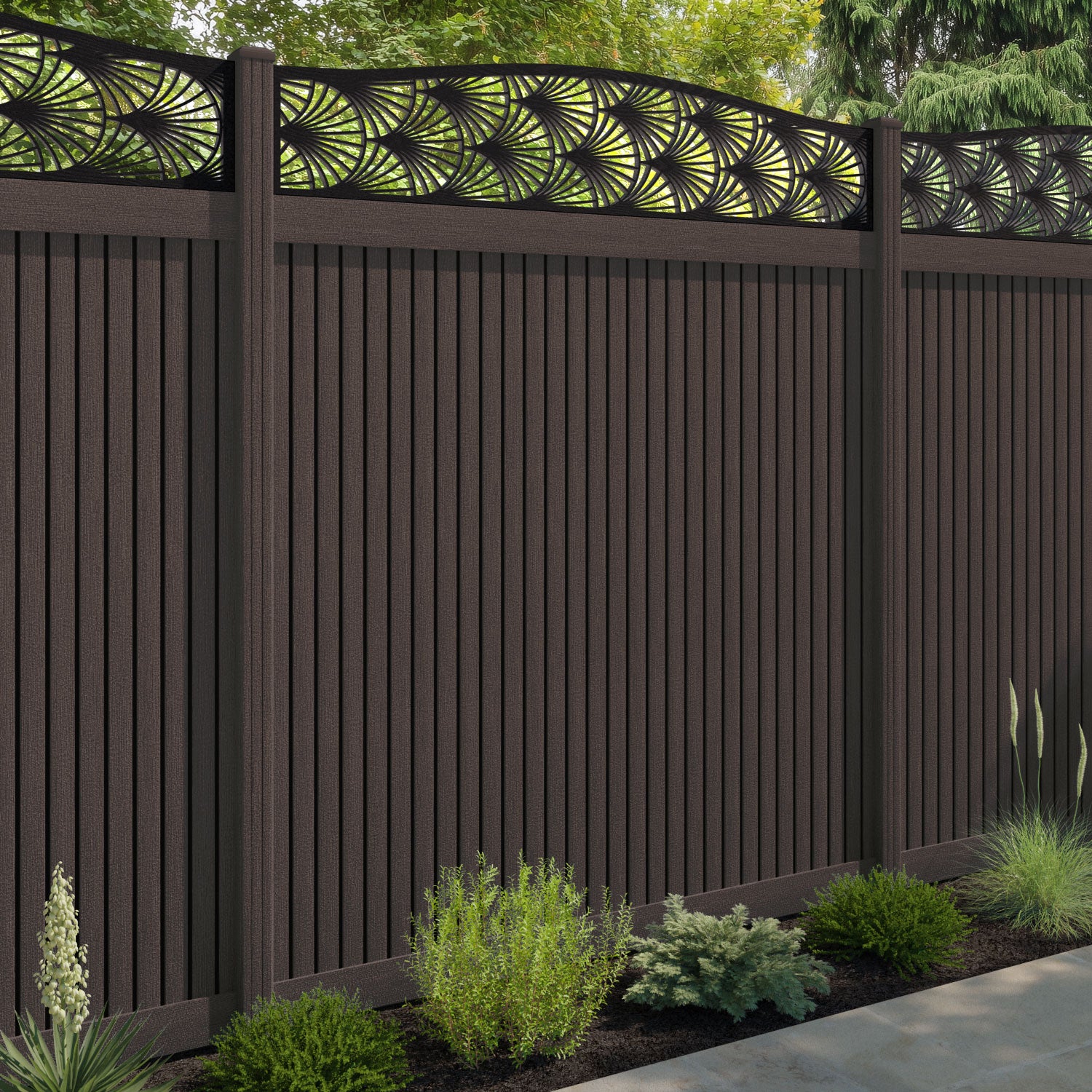 Virtis Laurel Curved Top Fence Panel - Mid Brown - with our composite posts