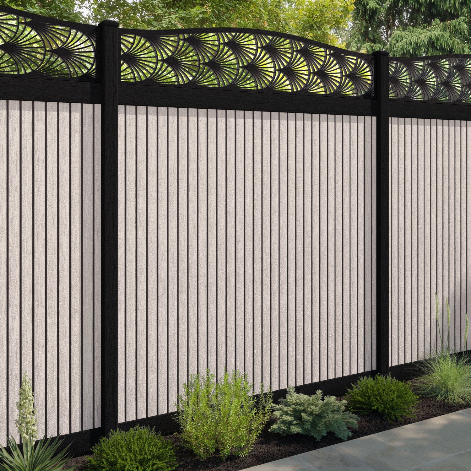 Virtis Laurel Curved Top Fence Panel - Mid Stone - with our composite posts