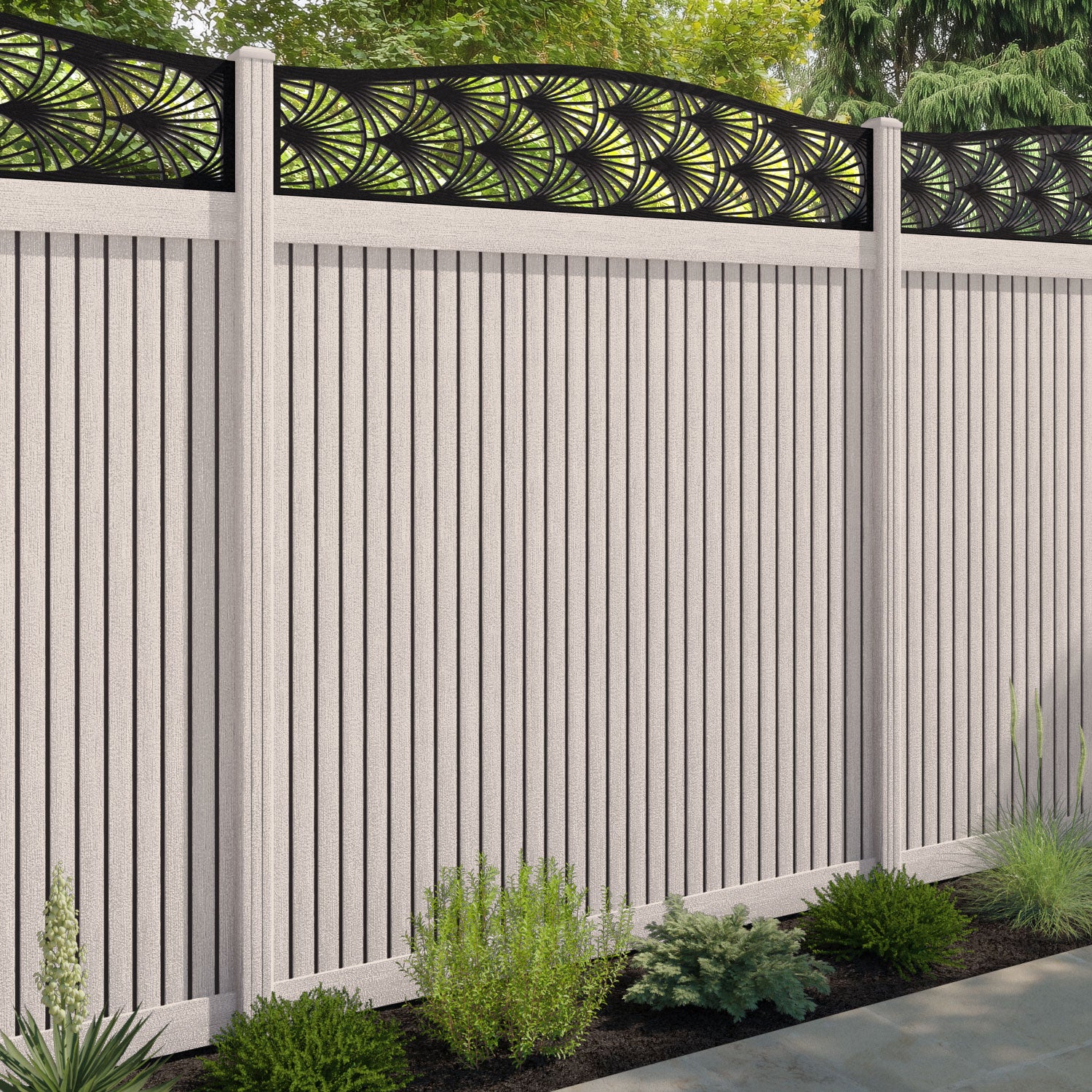 Virtis Laurel Curved Top Fence Panel - Mid Stone - with our composite posts