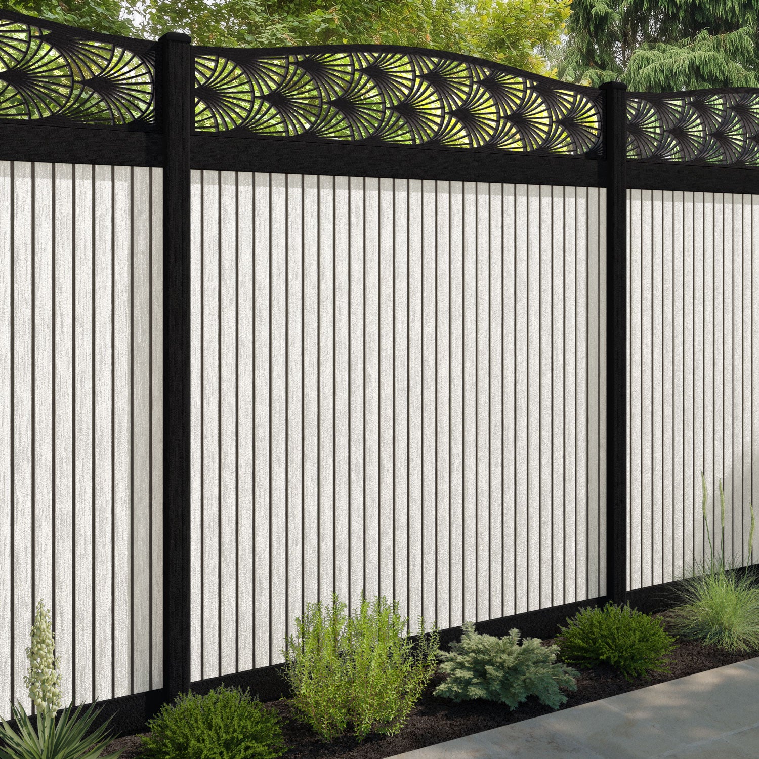 Virtis Laurel Curved Top Fence Panel - Light Stone - with our aluminium posts