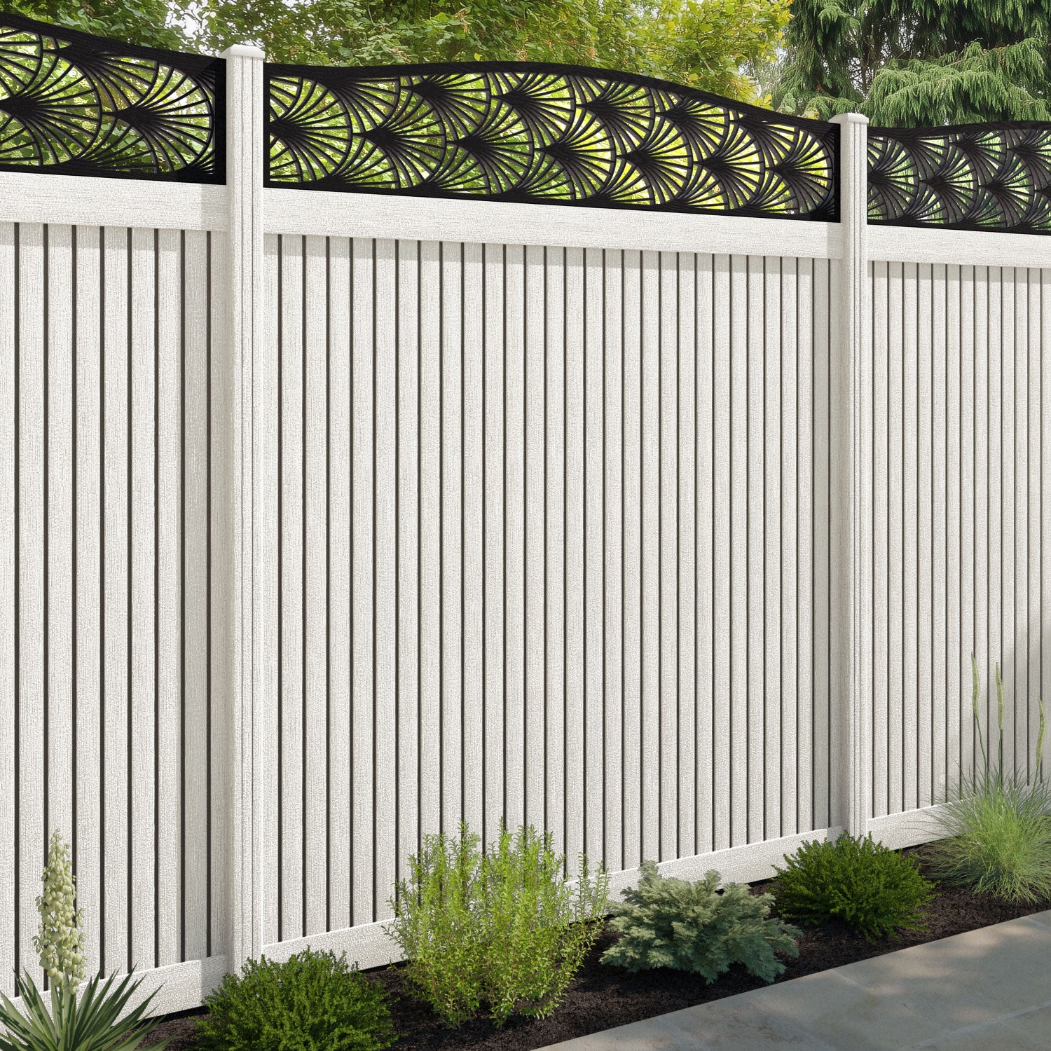 Virtis Laurel Curved Top Fence Panel - Light Stone - with our composite posts