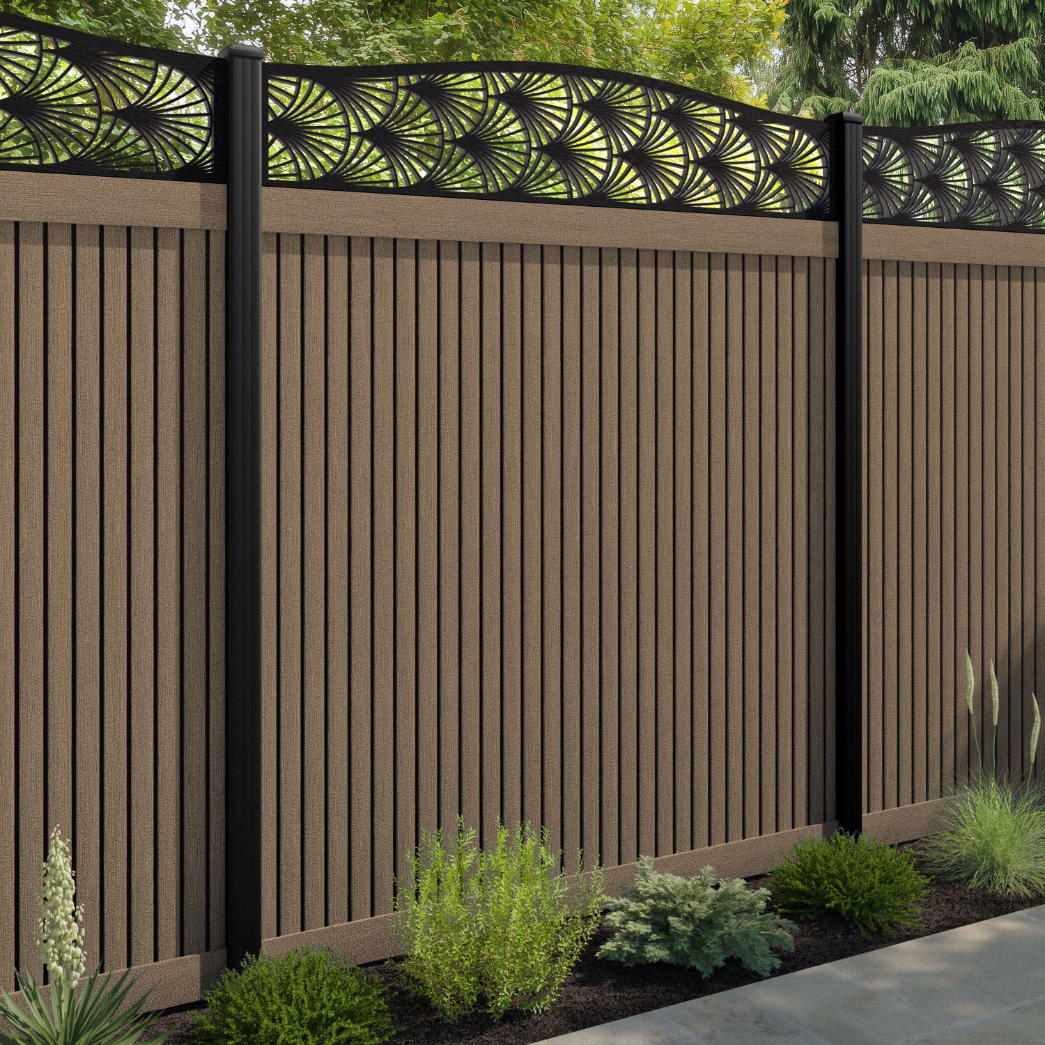Virtis Laurel Curved Top Fence Panel - Teak - with our aluminium posts