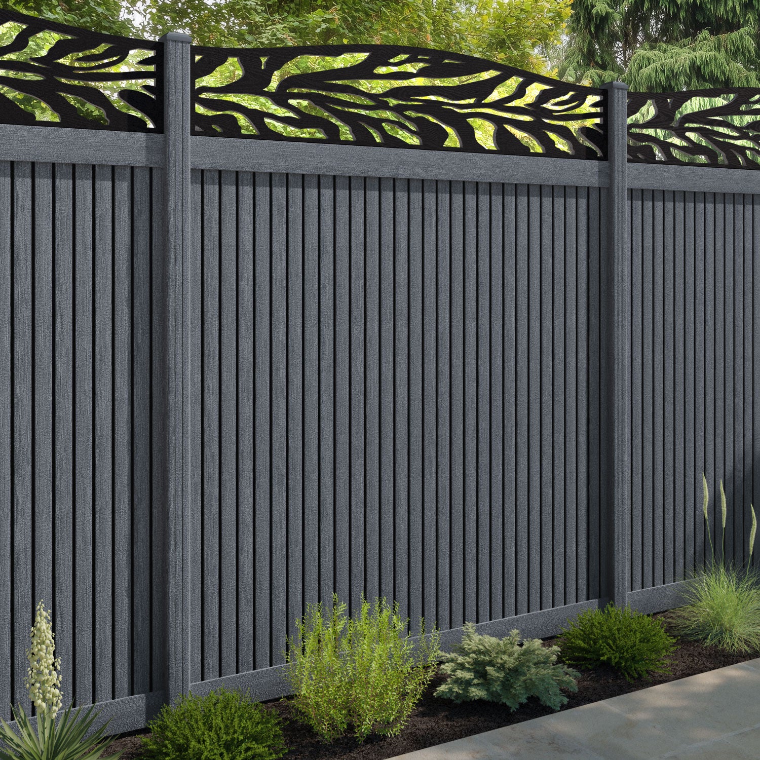 Virtis Malawi Curved Top Fence Panel - Anthracite - with our composite posts