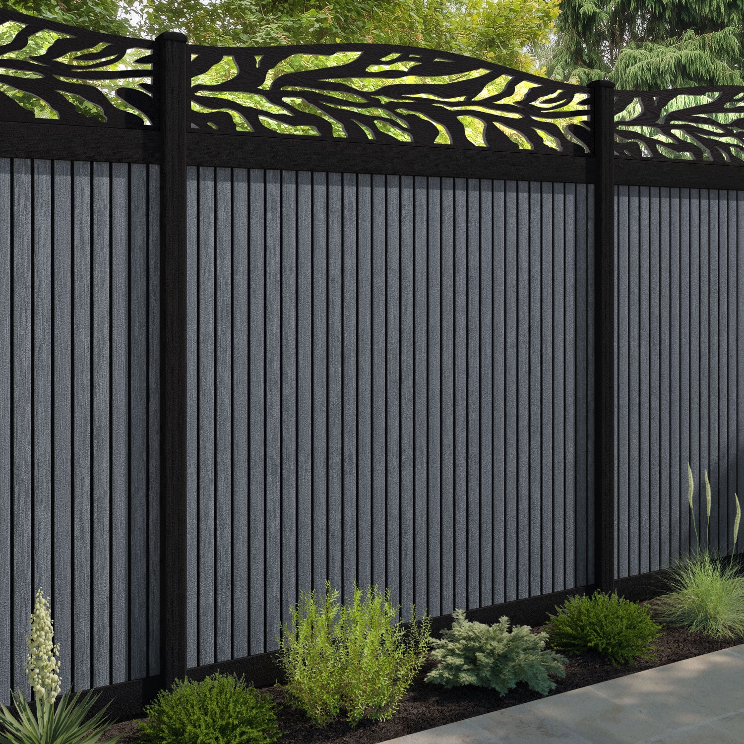Virtis Malawi Curved Top Fence Panel - Anthracite - with our composite posts
