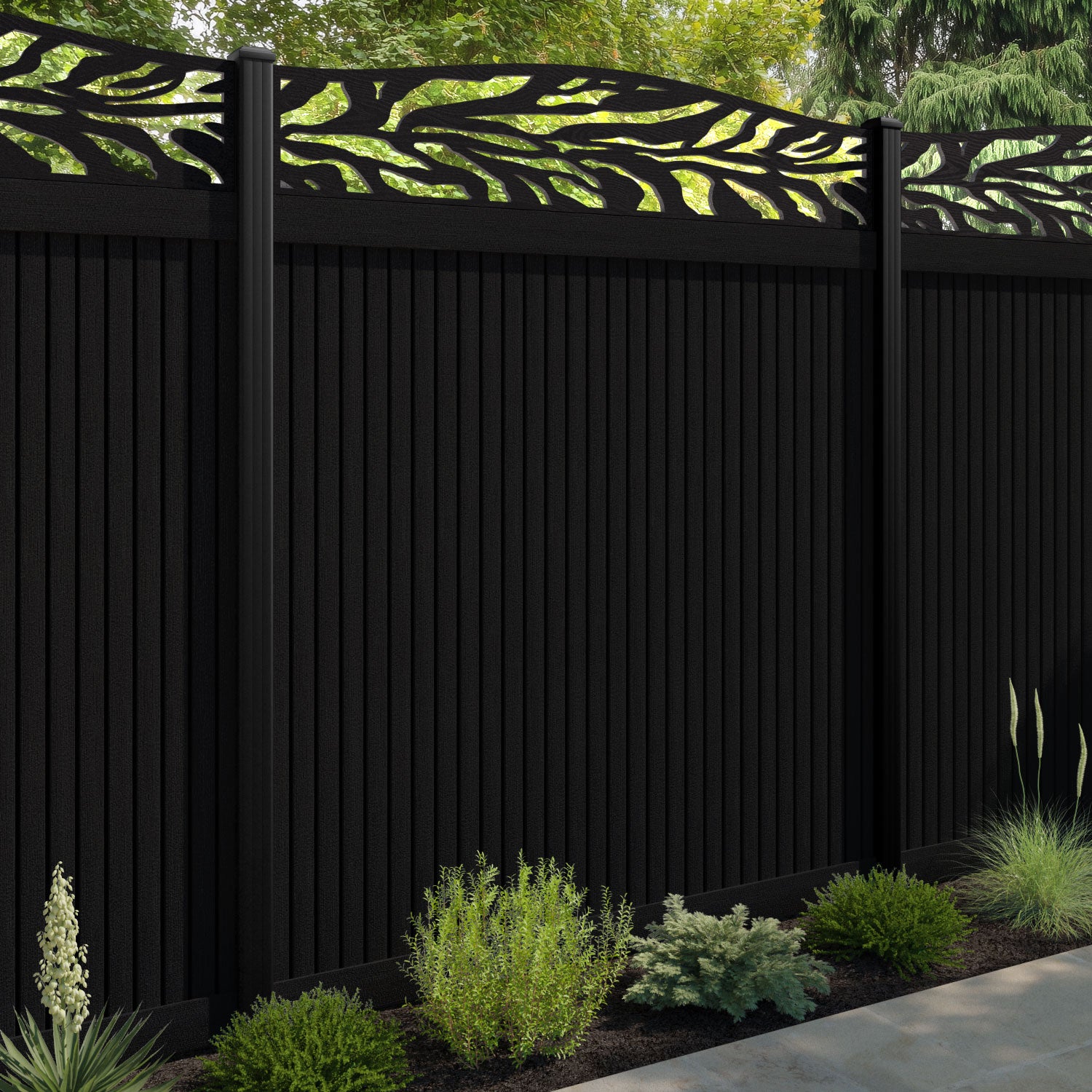 Virtis Malawi Curved Top Fence Panel - Black - with our aluminium posts