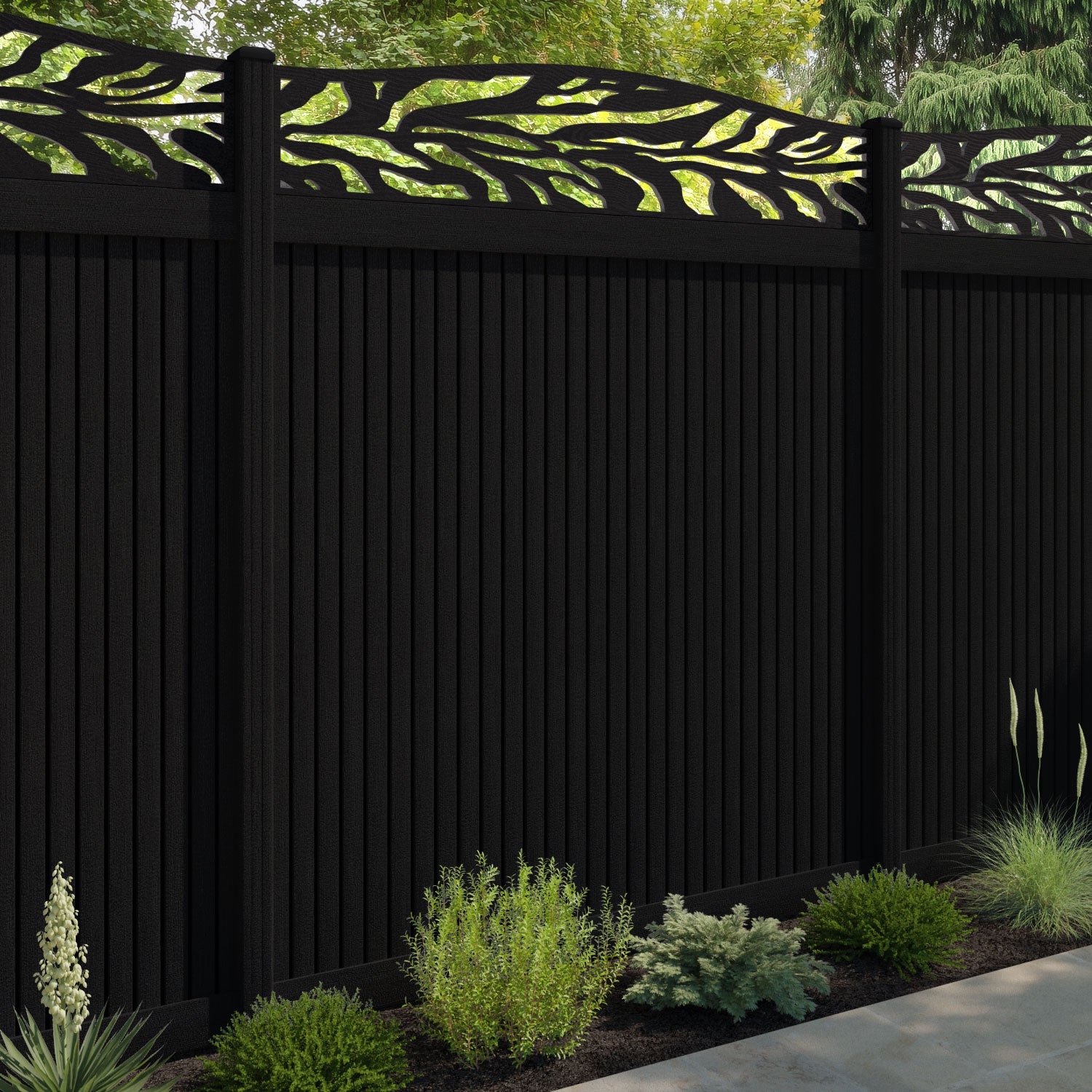 Virtis Malawi Curved Top Fence Panel - Black - with our composite posts