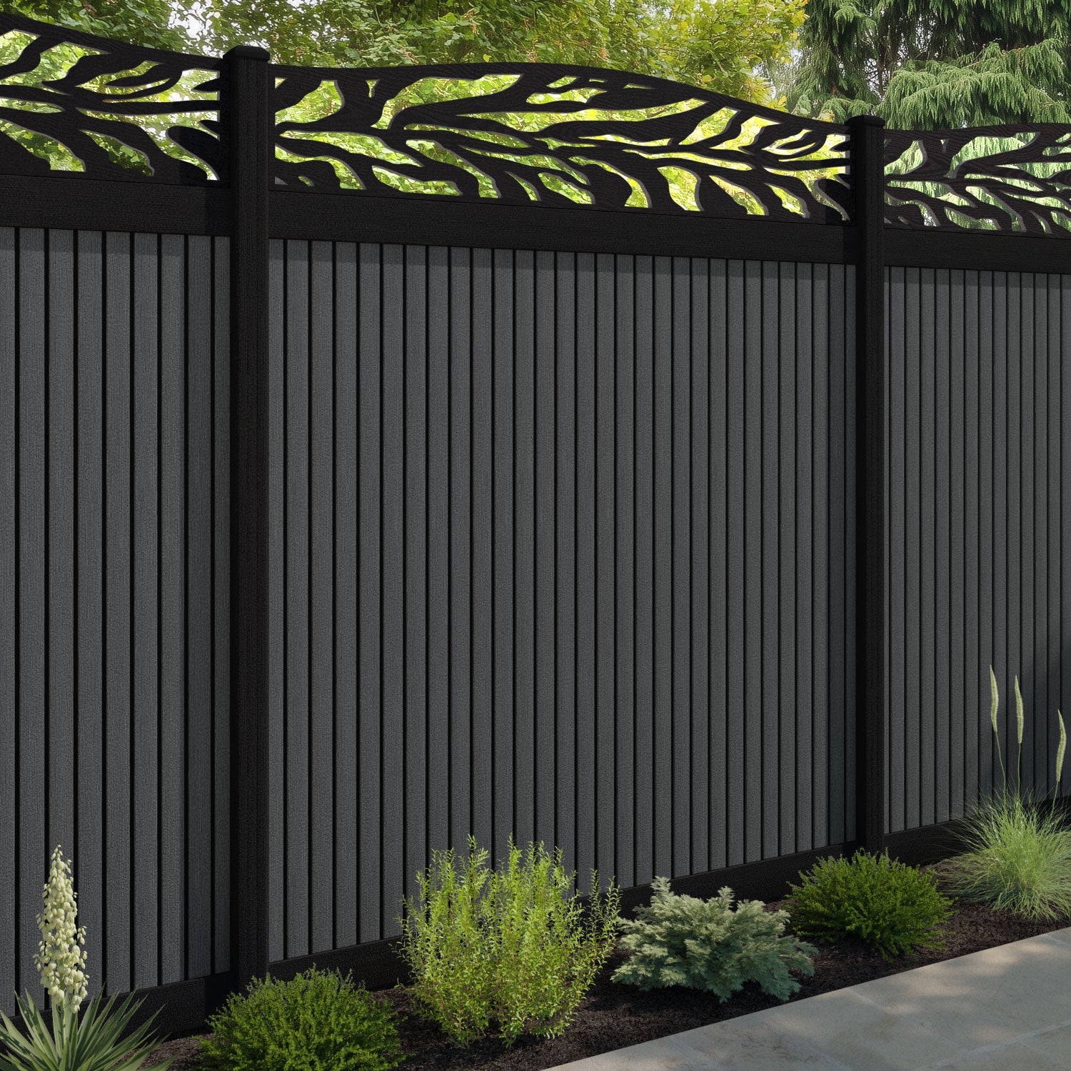 Virtis Malawi Curved Top Fence Panel - Dark Grey - with our composite posts