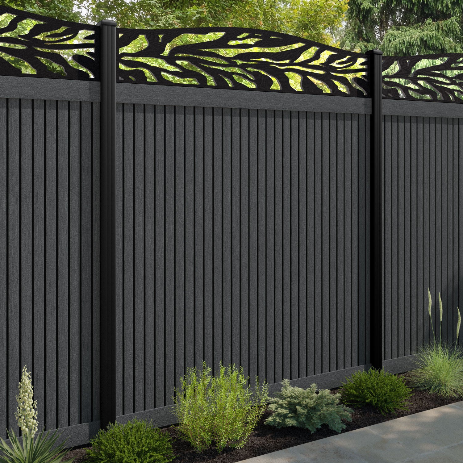 Virtis Malawi Curved Top Fence Panel - Dark Grey - with our composite posts