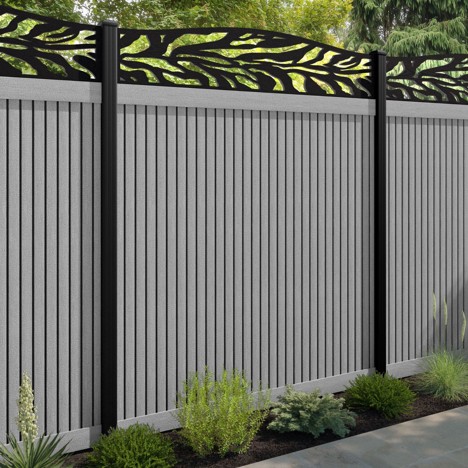 Virtis Malawi Curved Top Fence Panel - Light Grey - with our aluminium posts