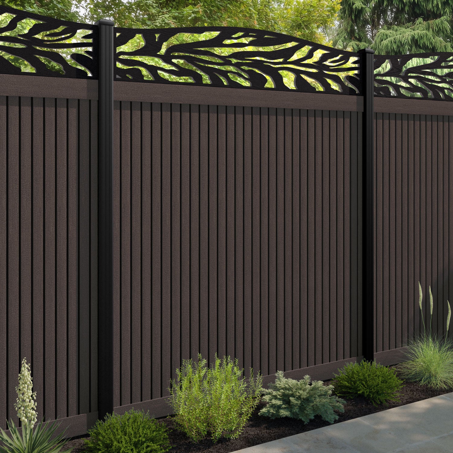 Virtis Malawi Curved Top Fence Panel - Mid Brown - with our aluminium posts