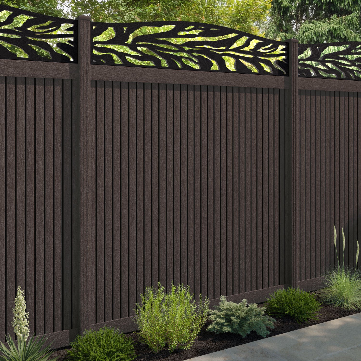 Virtis Malawi Curved Top Fence Panel - Mid Brown - with our composite posts