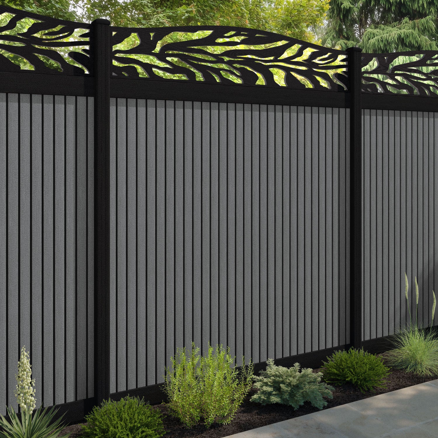 Virtis Malawi Curved Top Fence Panel - Mid Grey - with our composite posts