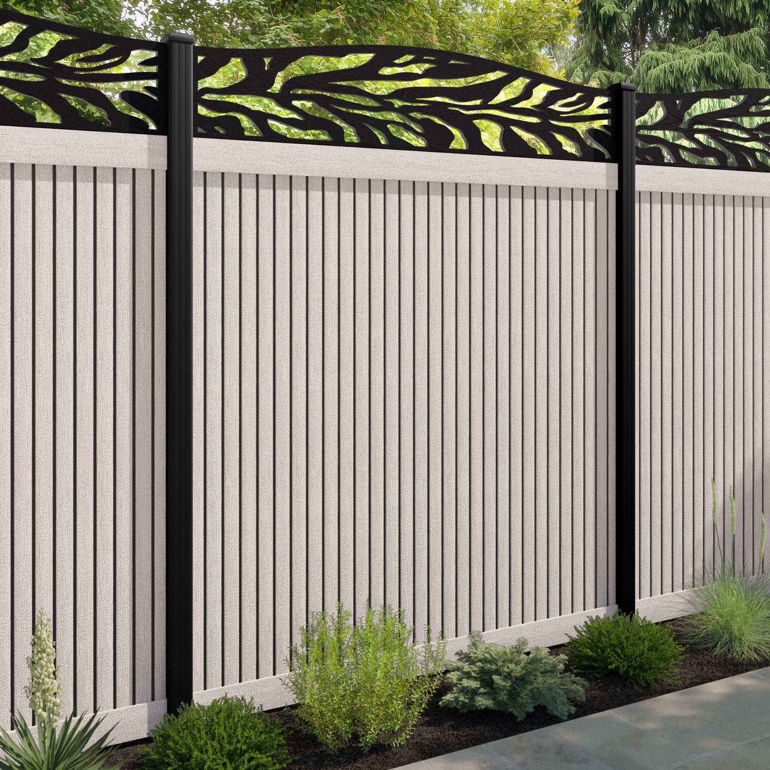 Virtis Malawi Curved Top Fence Panel - Mid Stone - with our composite posts