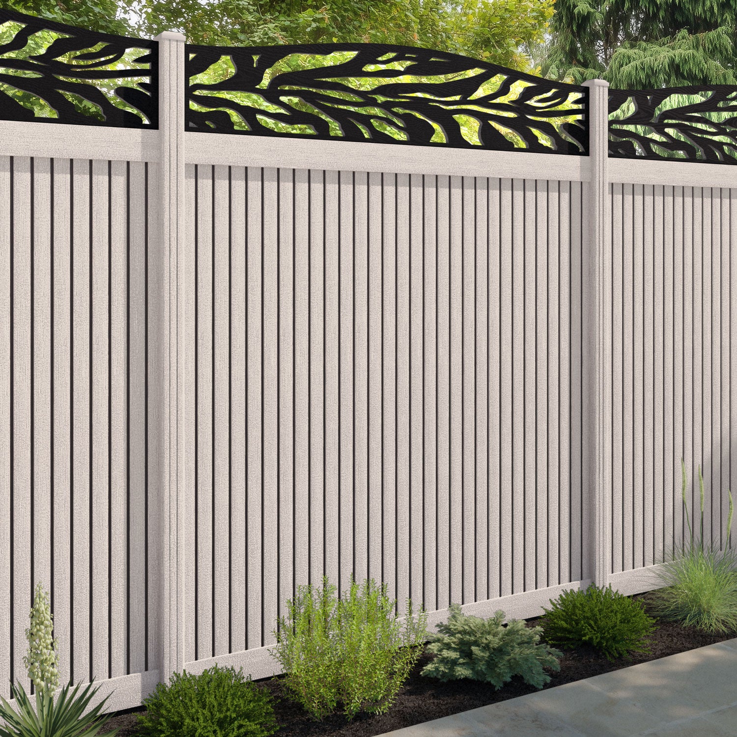 Virtis Malawi Curved Top Fence Panel - Mid Stone - with our composite posts
