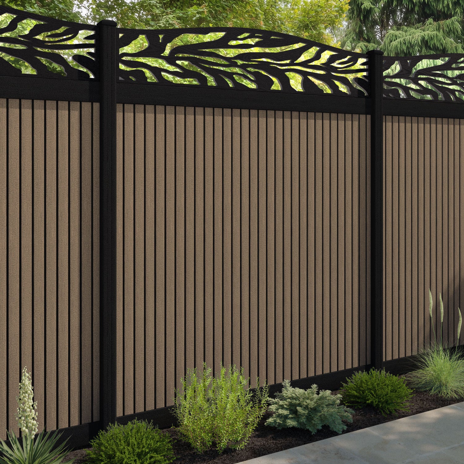 Virtis Malawi Curved Top Fence Panel - Teak - with our composite posts
