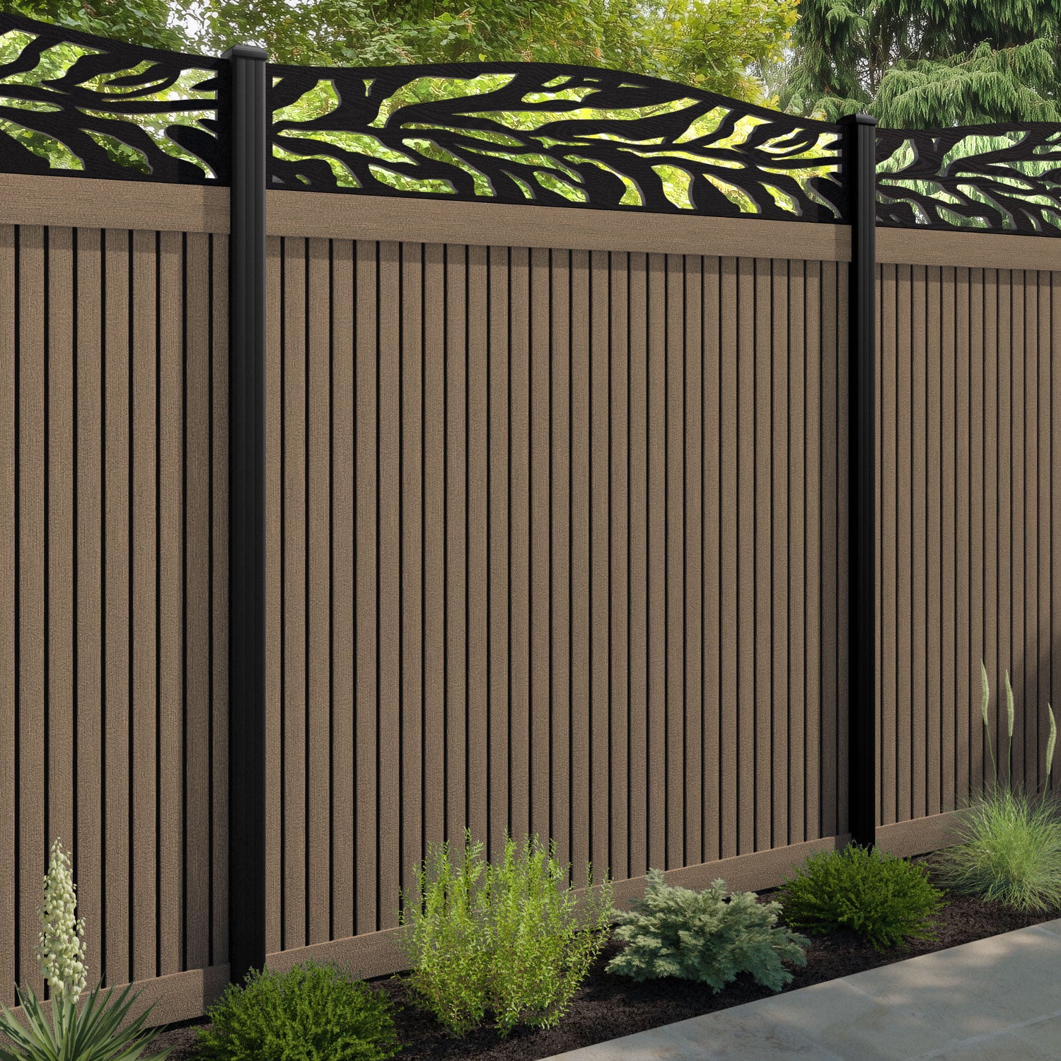 Virtis Malawi Curved Top Fence Panel - Teak - with our composite posts