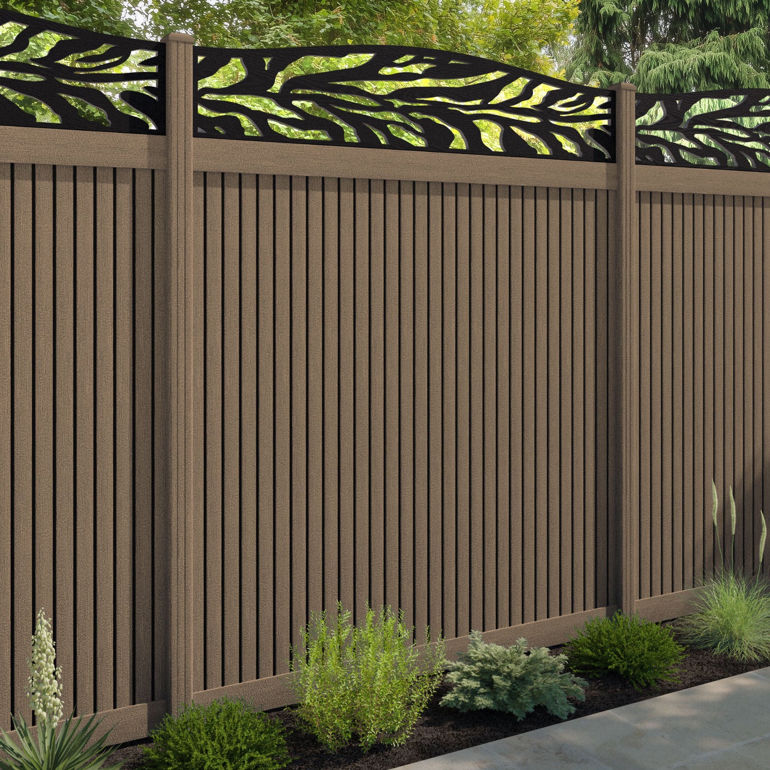 Virtis Malawi Curved Top Fence Panel - Teak - with our composite posts