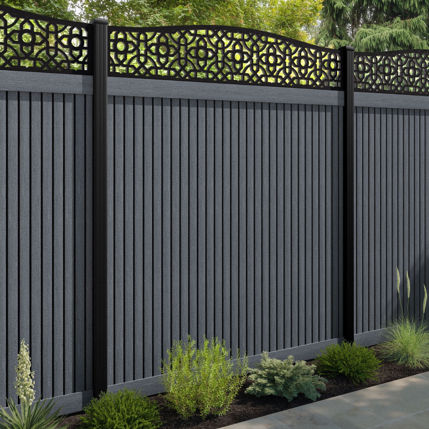Virtis Nabila Curved Top Fence Panel - Anthracite - with our aluminium posts