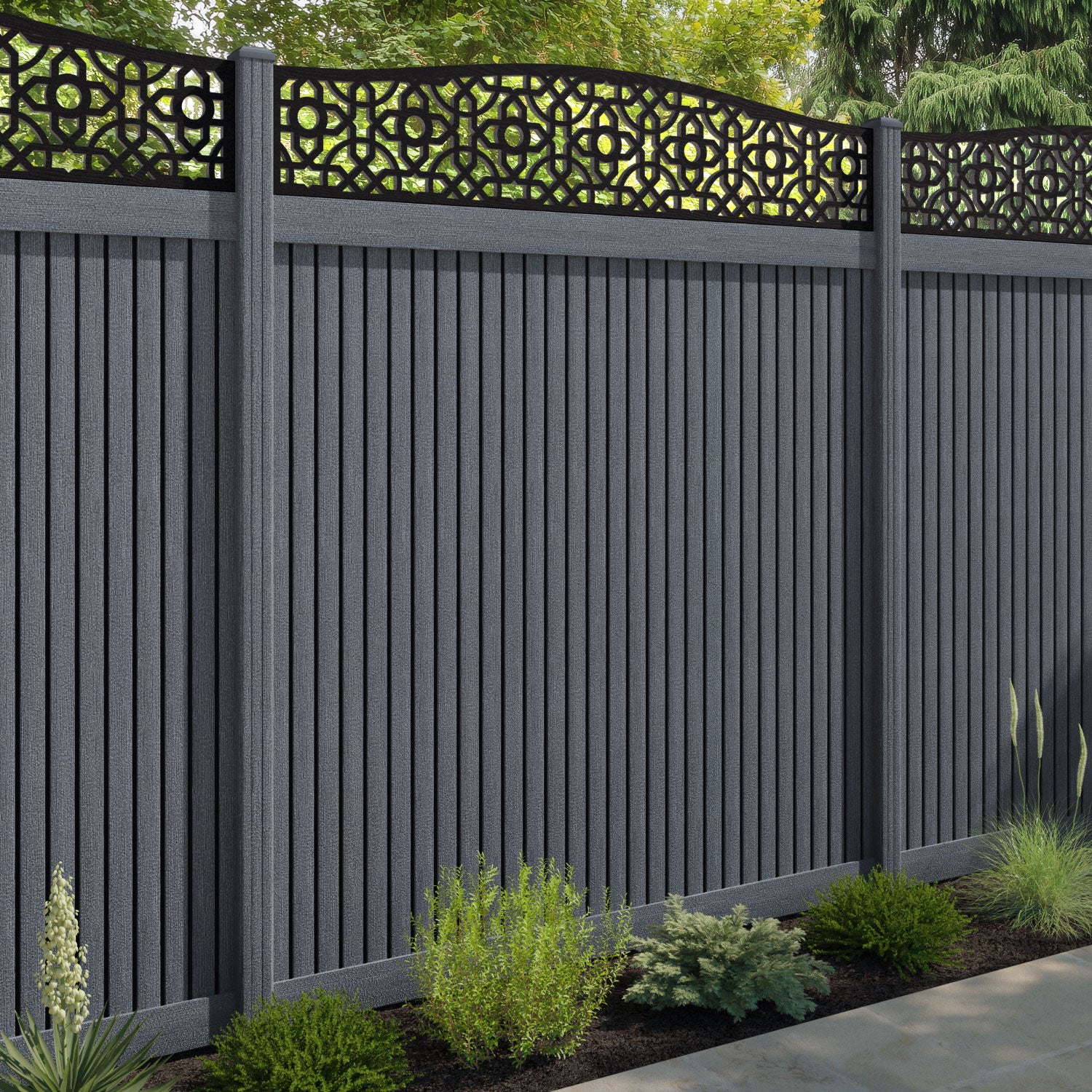 Virtis Nabila Curved Top Fence Panel - Anthracite - with our composite posts