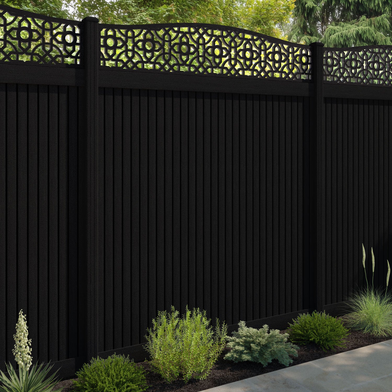 Virtis Nabila Curved Top Fence Panel - Black - with our composite posts