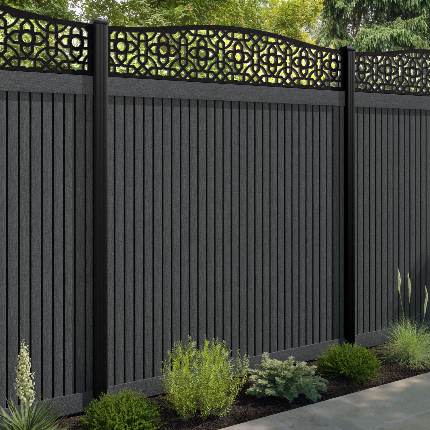 Virtis Nabila Curved Top Fence Panel - Dark Grey - with our aluminium posts