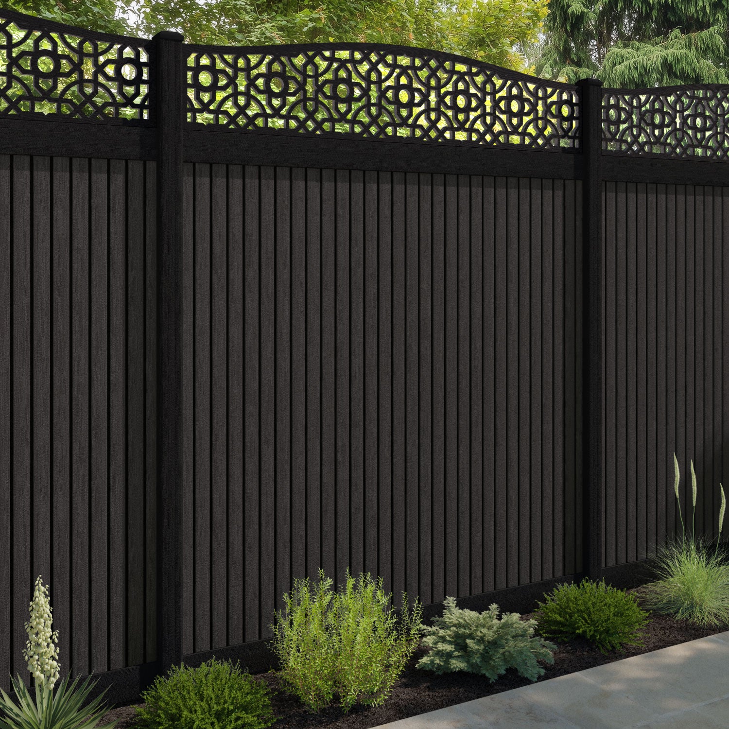 Virtis Nabila Curved Top Fence Panel - Dark Oak - with our aluminium posts