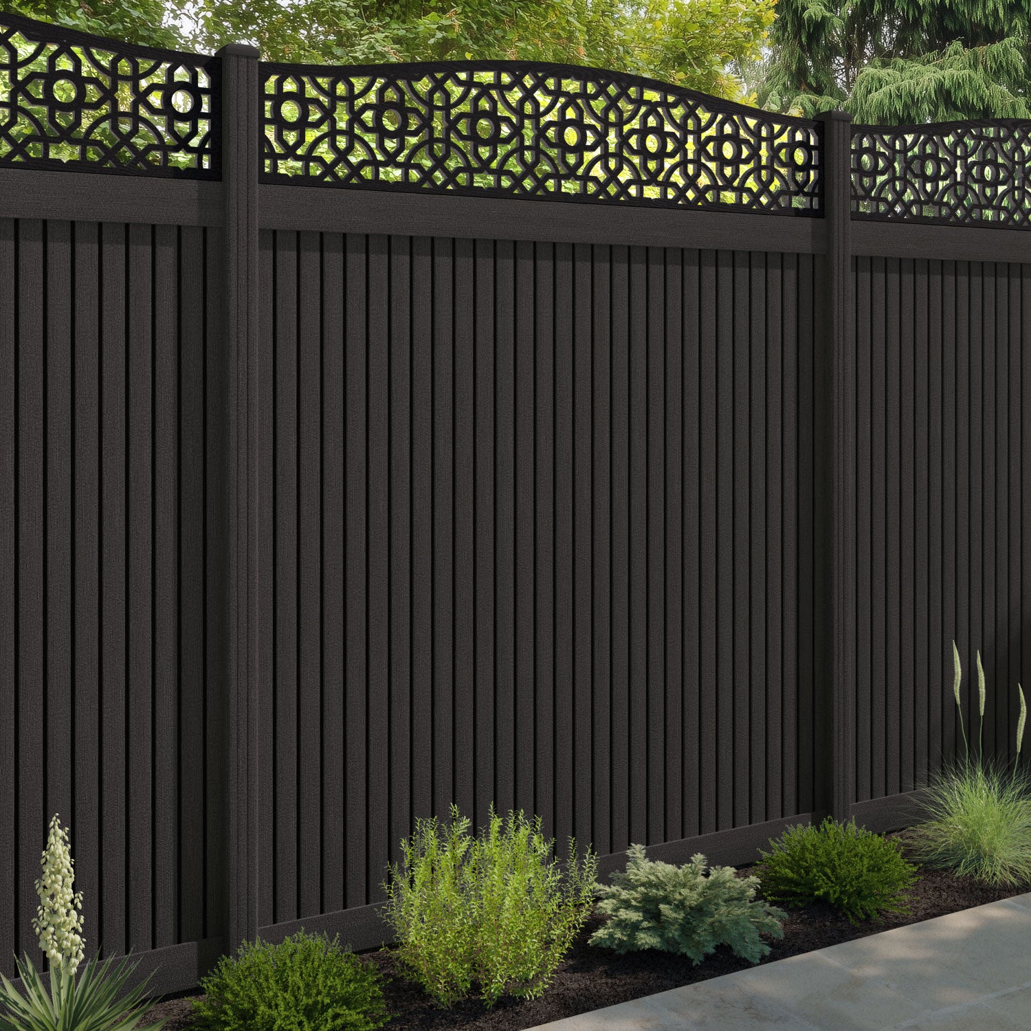Virtis Nabila Curved Top Fence Panel - Dark Oak - with our composite posts
