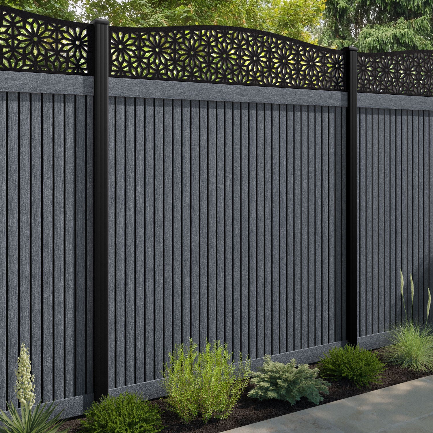 Virtis Narwa Curved Top Fence Panel - Anthracite - with our composite posts