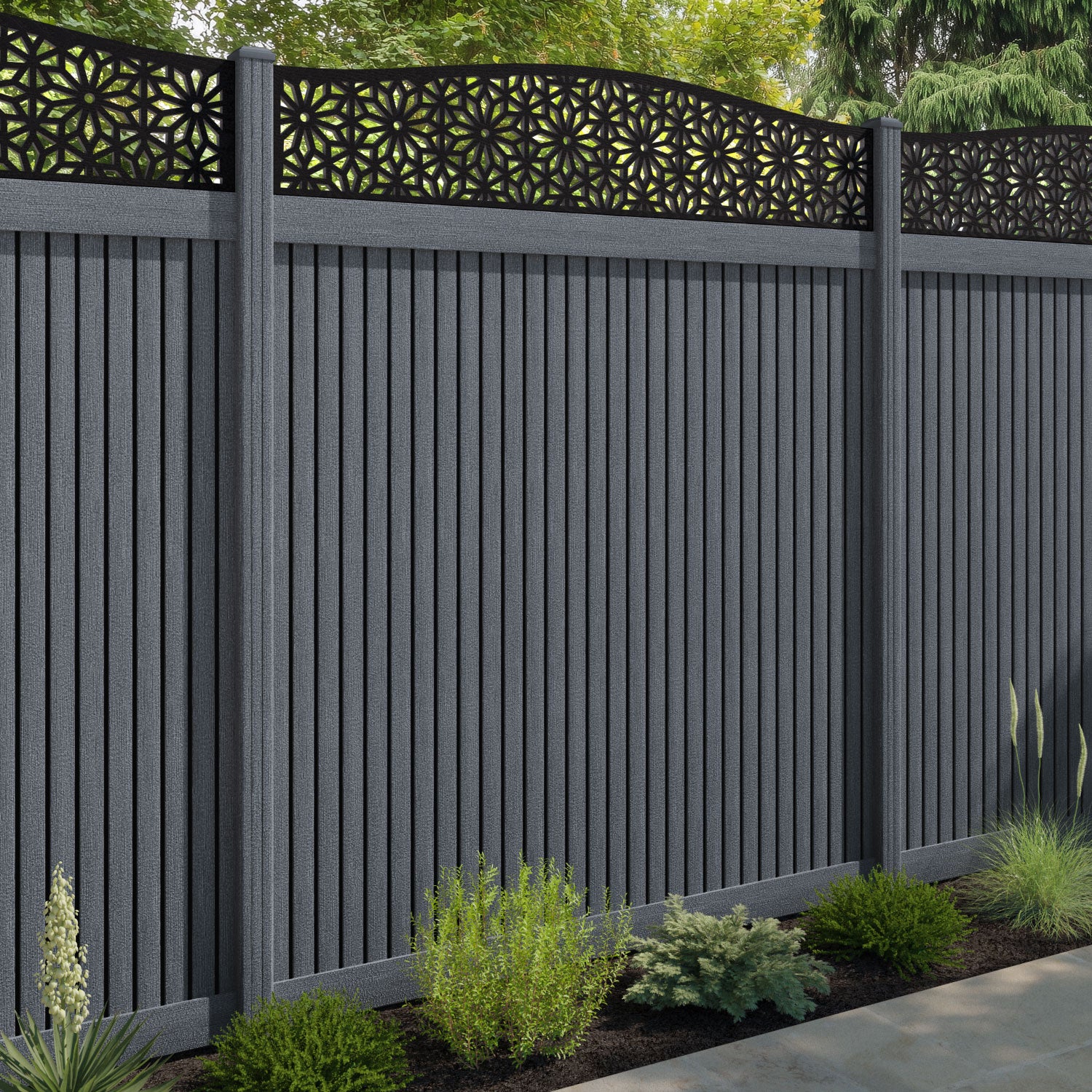 Virtis Narwa Curved Top Fence Panel - Anthracite - with our composite posts