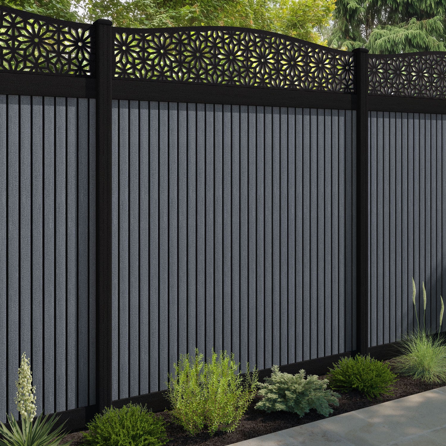 Virtis Narwa Curved Top Fence Panel - Anthracite - with our composite posts