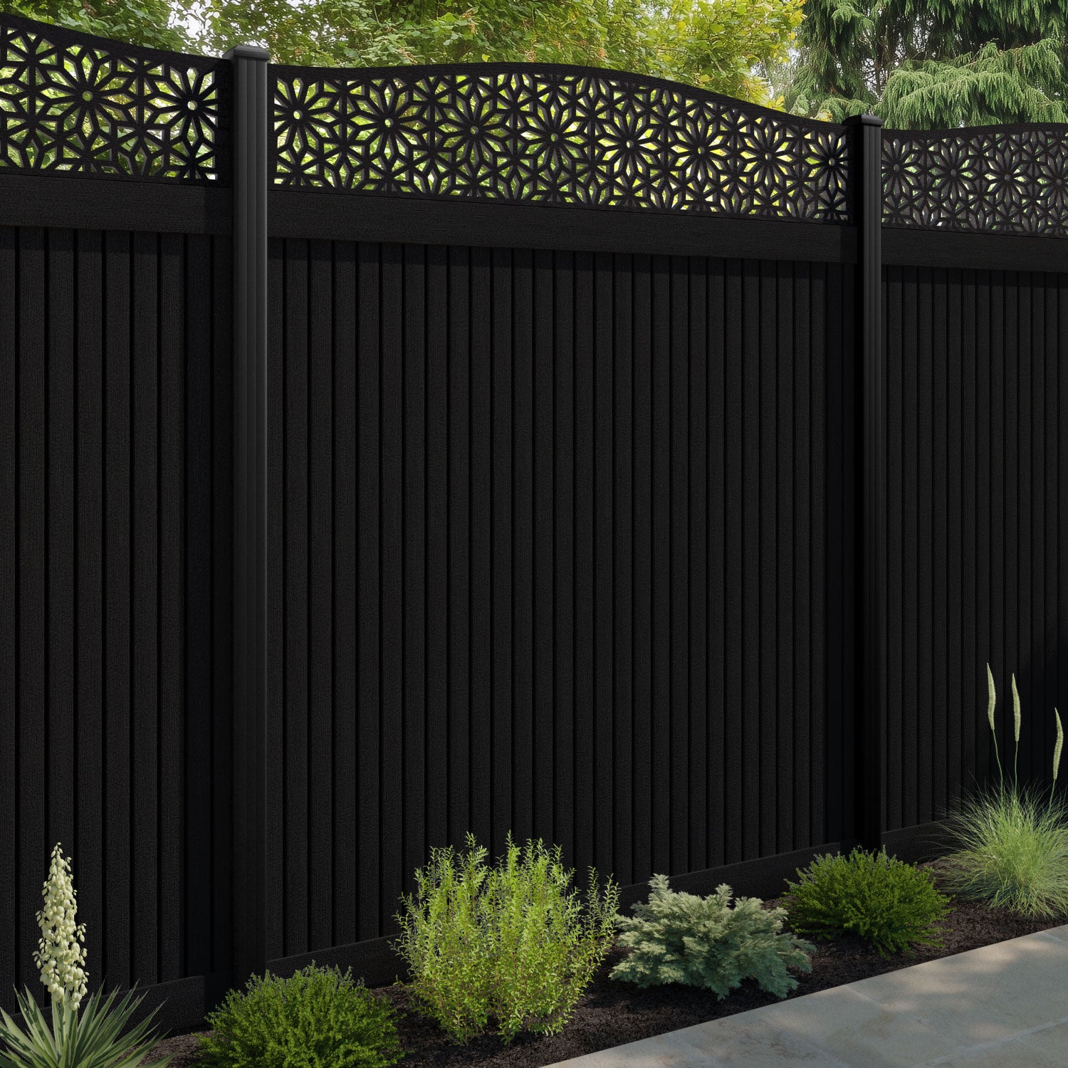 Virtis Narwa Curved Top Fence Panel - Black - with our aluminium posts