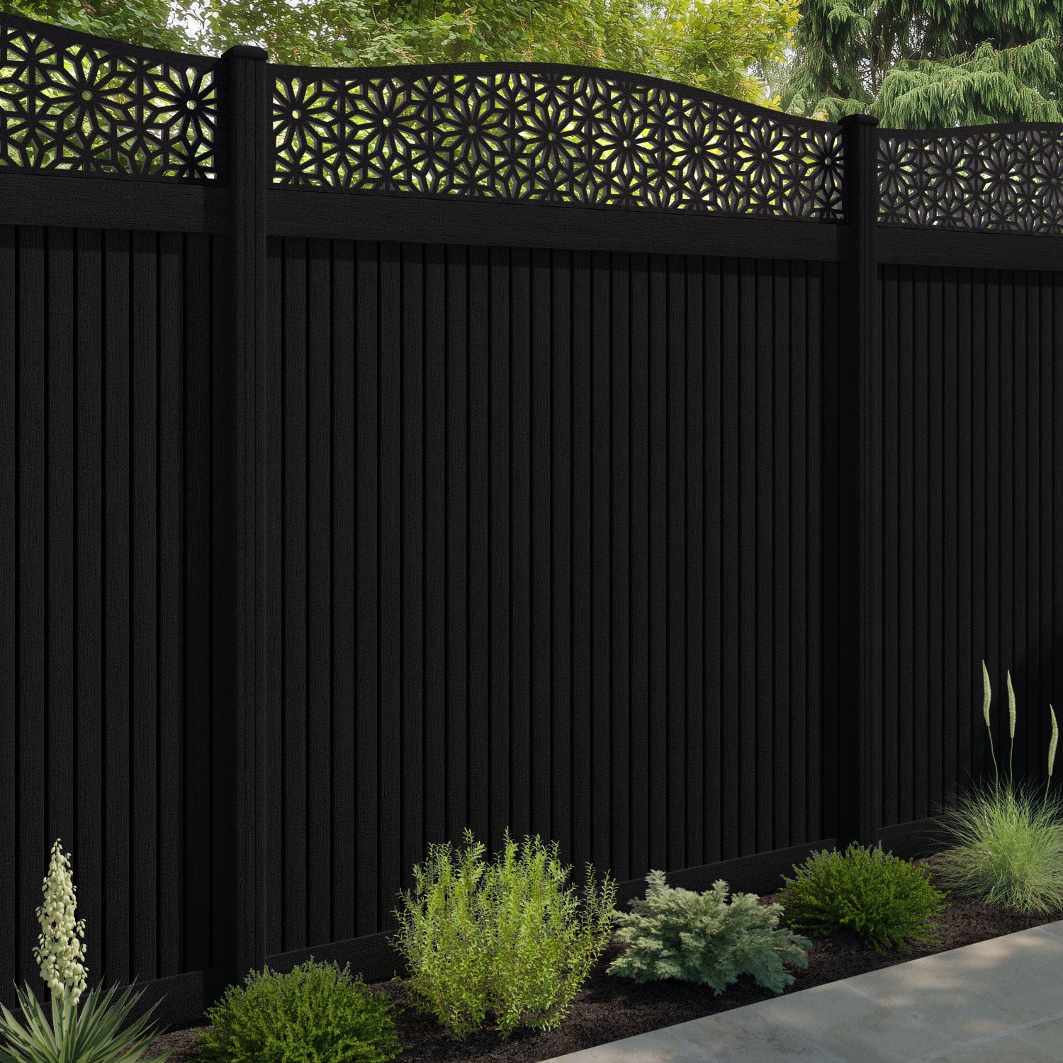 Virtis Narwa Curved Top Fence Panel - Black - with our composite posts