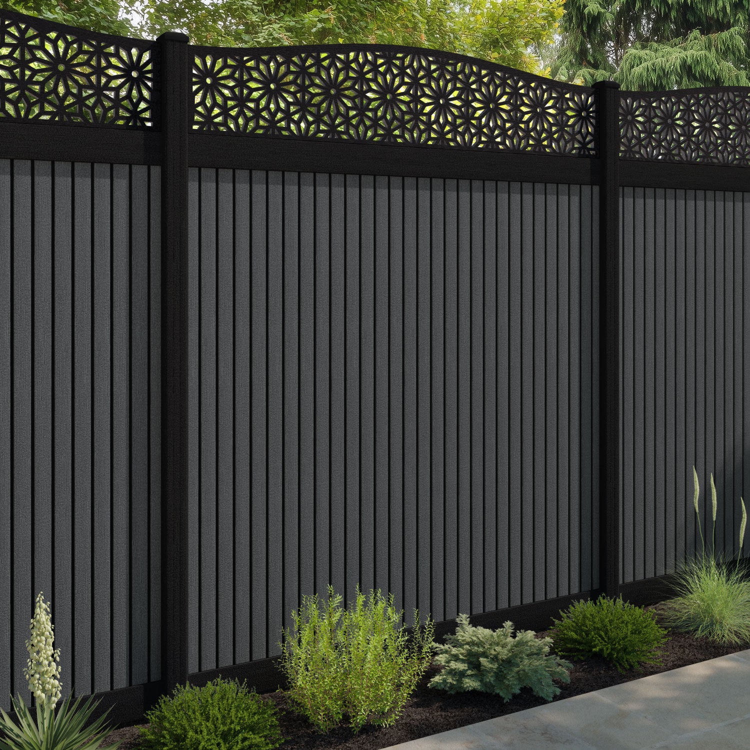 Virtis Narwa Curved Top Fence Panel - Dark Grey - with our aluminium posts