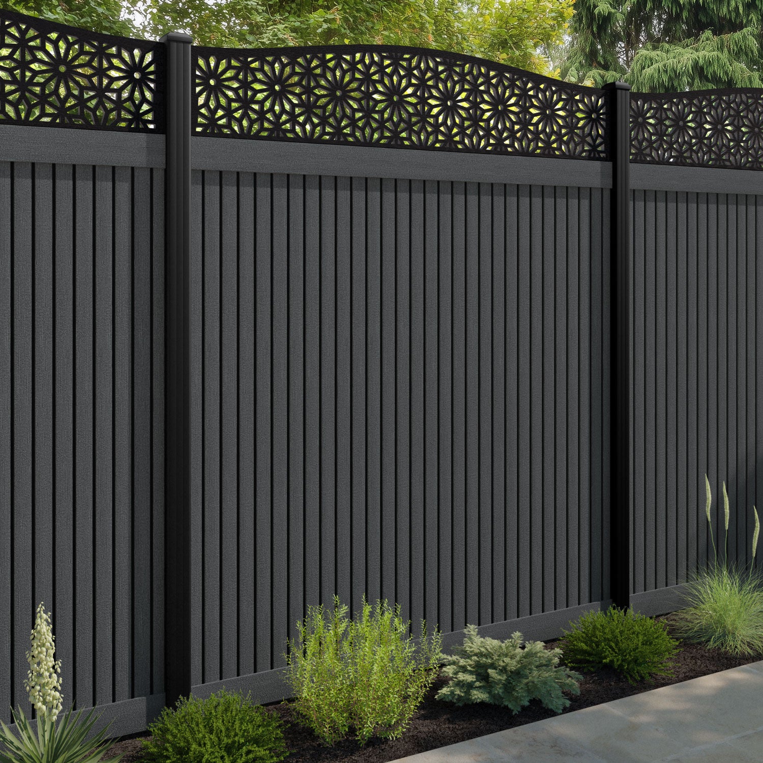Virtis Narwa Curved Top Fence Panel - Dark Grey - with our composite posts
