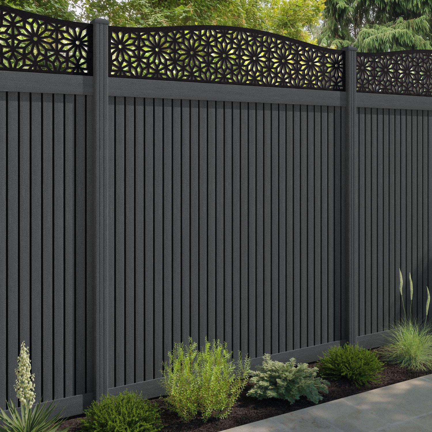 Virtis Narwa Curved Top Fence Panel - Dark Grey - with our composite posts