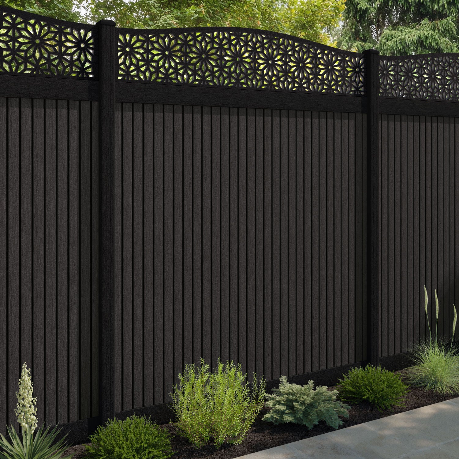 Virtis Narwa Curved Top Fence Panel - Dark Oak - with our aluminium posts