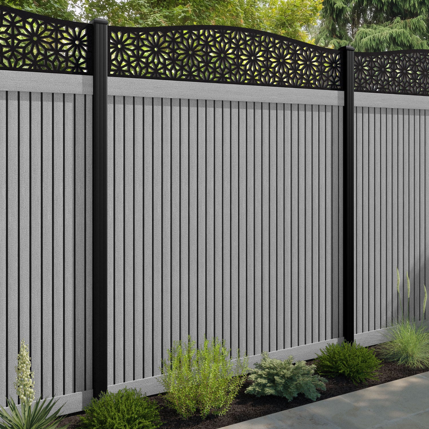 Virtis Narwa Curved Top Fence Panel - Light Grey - with our aluminium posts