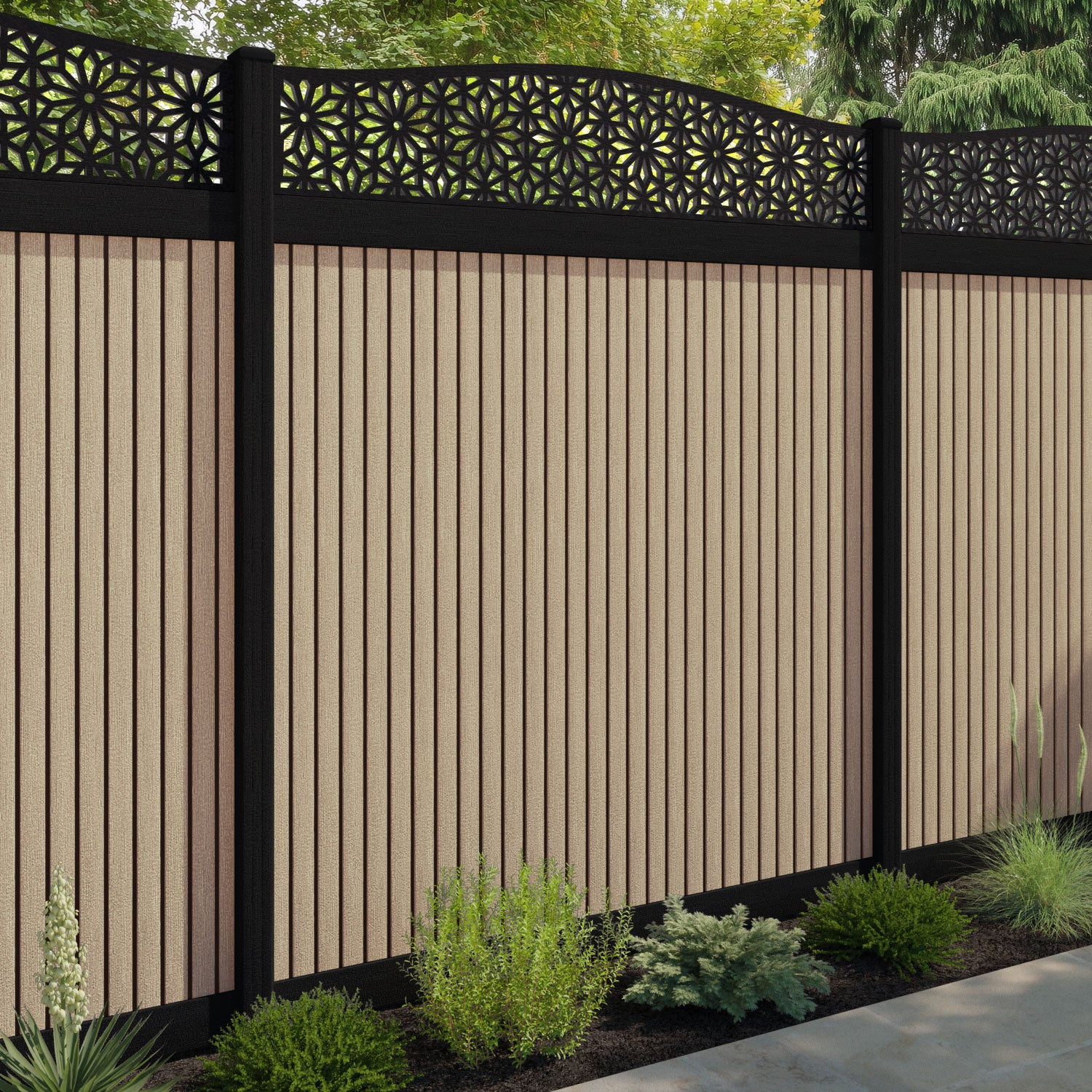 Virtis Narwa Curved Top Fence Panel - Light Oak - with our aluminium posts